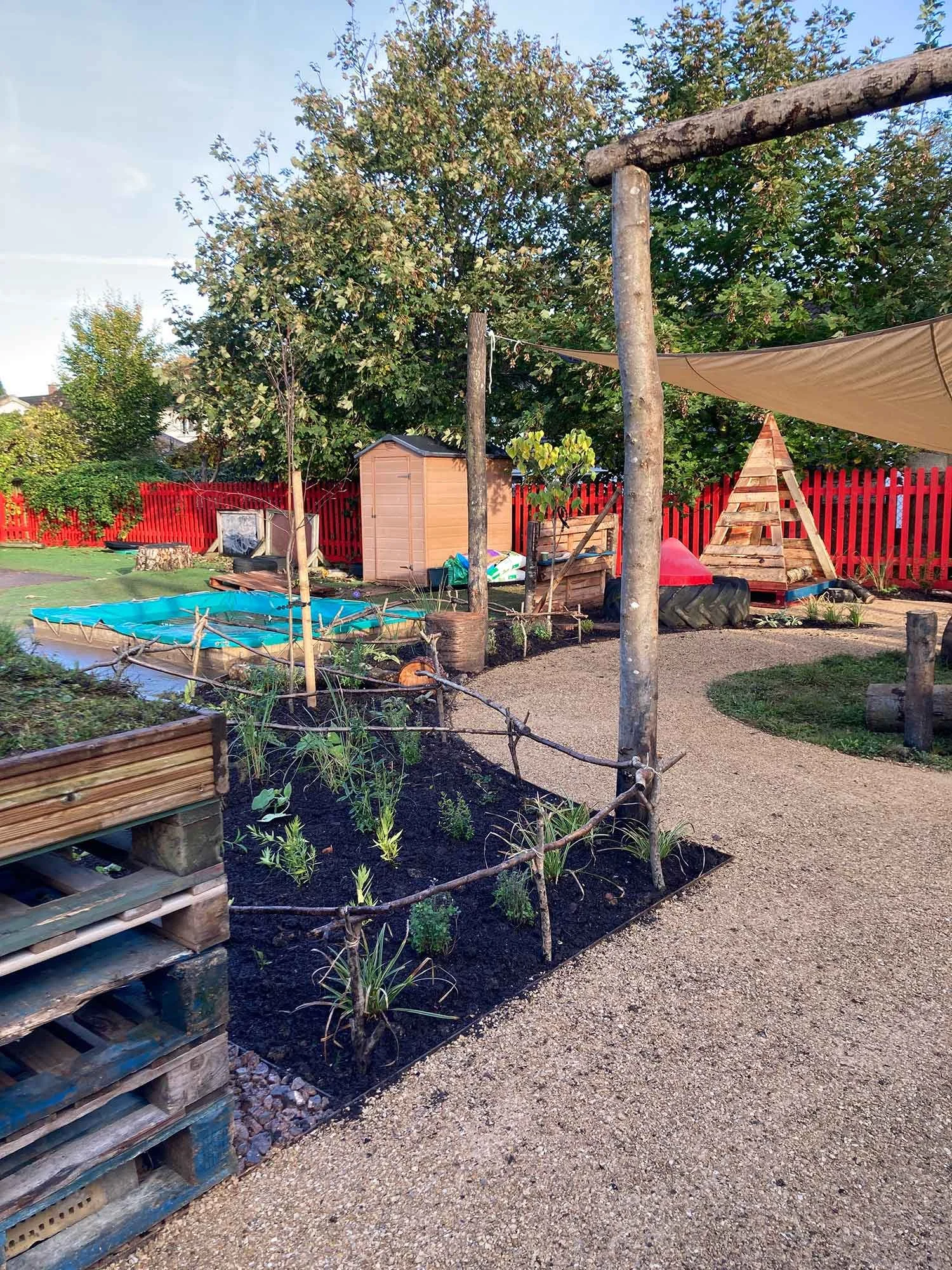 A backyard garden with a fenced area, a small wooden shed, trees, a pathway, a raised garden bed with seedlings, and various garden tools and supplies.