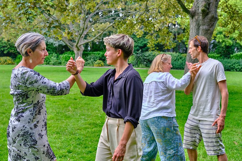 Two couples are dancing and holding hands in a grassy park with trees in the background.