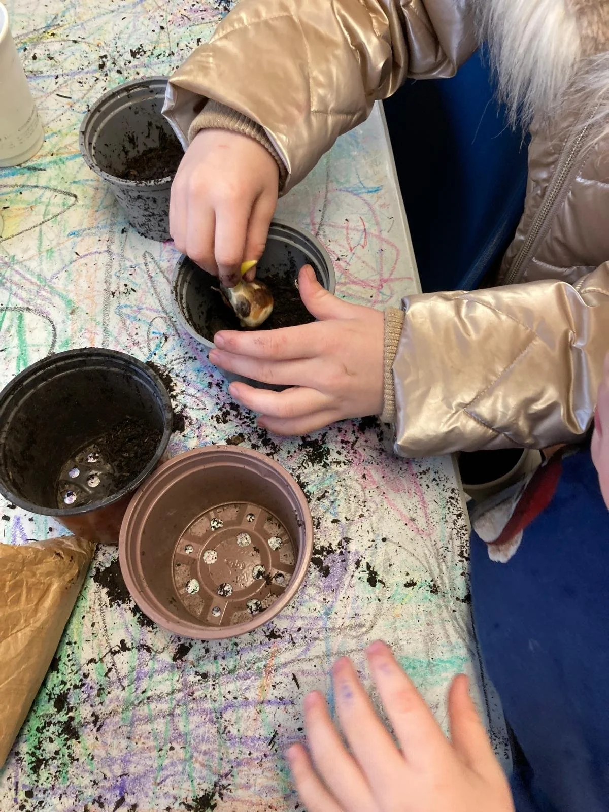 Children planting seeds in small pots on a colorful, messy table.