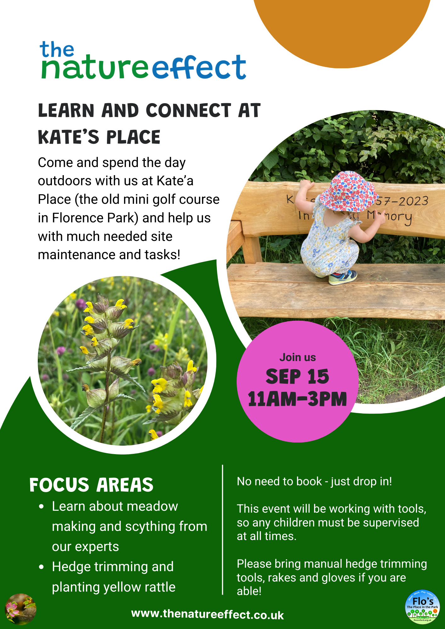 Flyer for an outdoor event hosted by The Nature Effect at Kate's Place, featuring a photo of a young child in a floral hat and dress climbing a wooden bench, with informational text and photos of plants and nature.