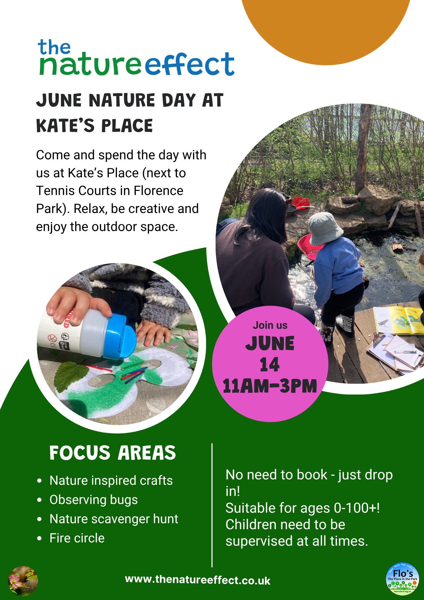 Flyer promoting June Nature Day at Kate's Place, featuring images of children engaging in outdoor activities, a craft project, and event details including date, time, and website.
