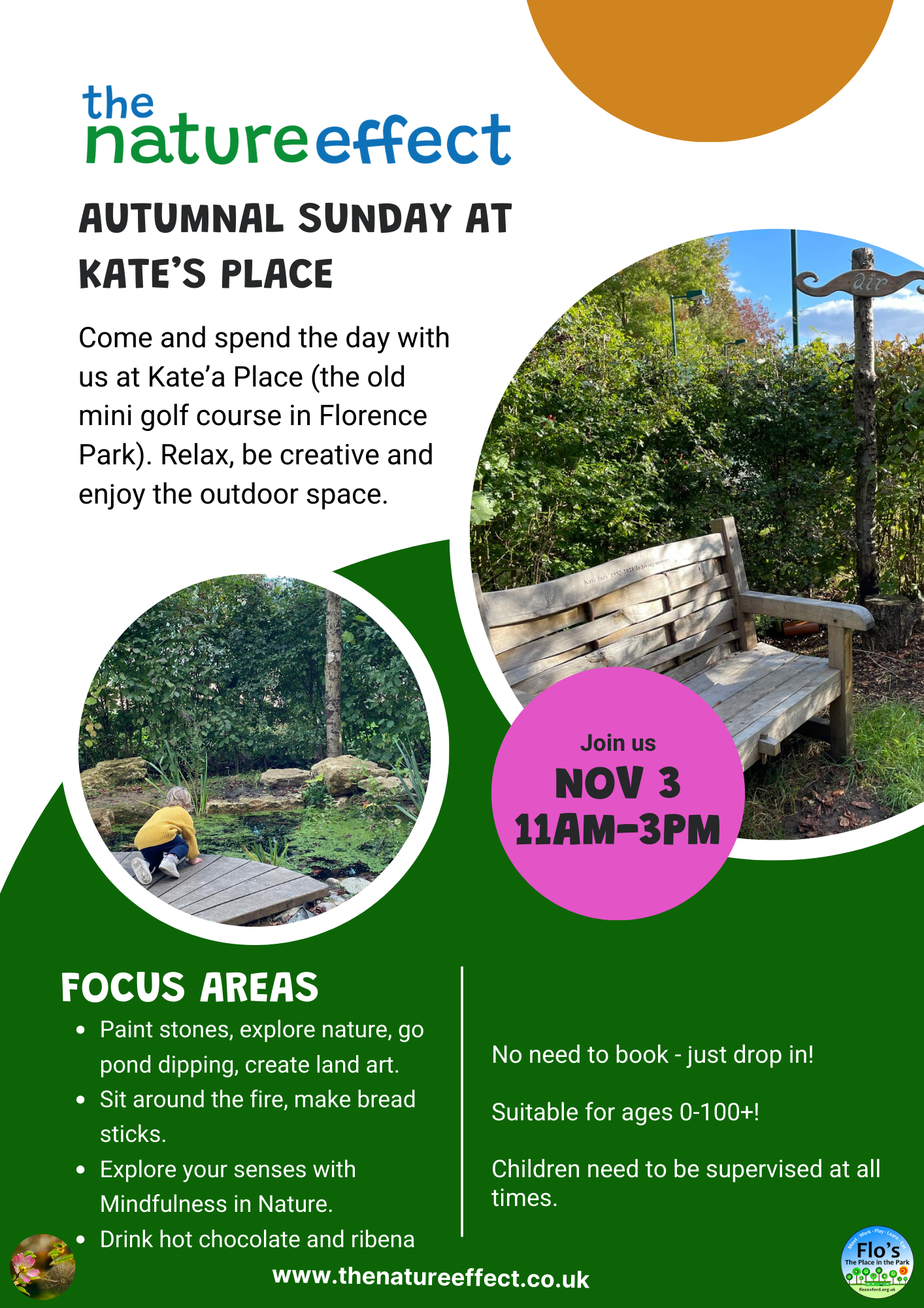 Flyer for an outdoor event at Kate's Place featuring images of a mini golf course, a pond, and a bench in a park. The event includes nature activities and is scheduled for November 3rd from 11 AM to 3 PM.