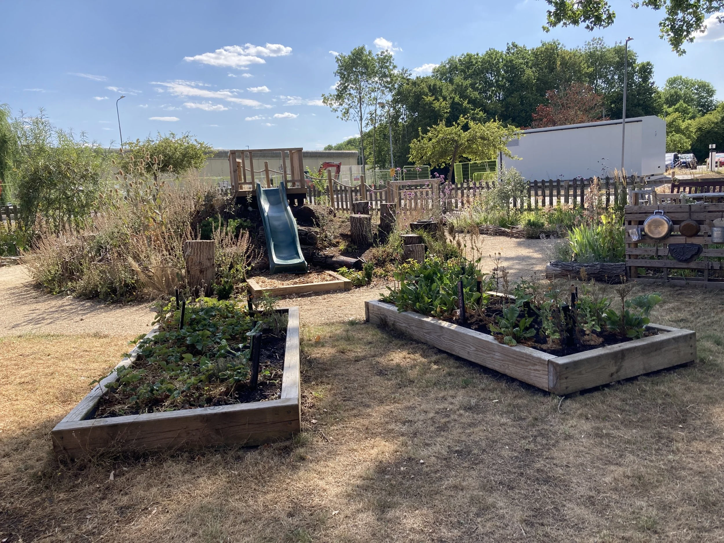 Community garden with raised wooden beds filled with green plants, a small slide, and various garden tools and fences under a blue sky with scattered clouds and trees.