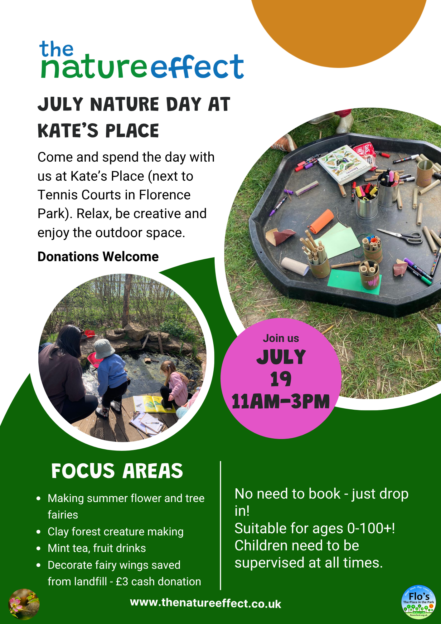 Flyer for July Nature Day at Kate's Place featuring images of outdoor activities and arts and crafts supplies.