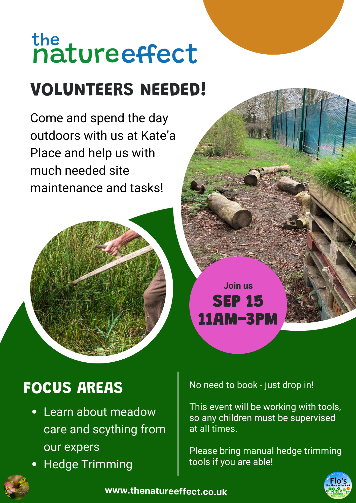 Flyer promoting outdoor volunteer event by The Nature Effect, featuring a large photo of a wooded outdoor space with logs and a fence, a smaller image of a person trimming grass, purple and green design elements, and details about the event date, tim