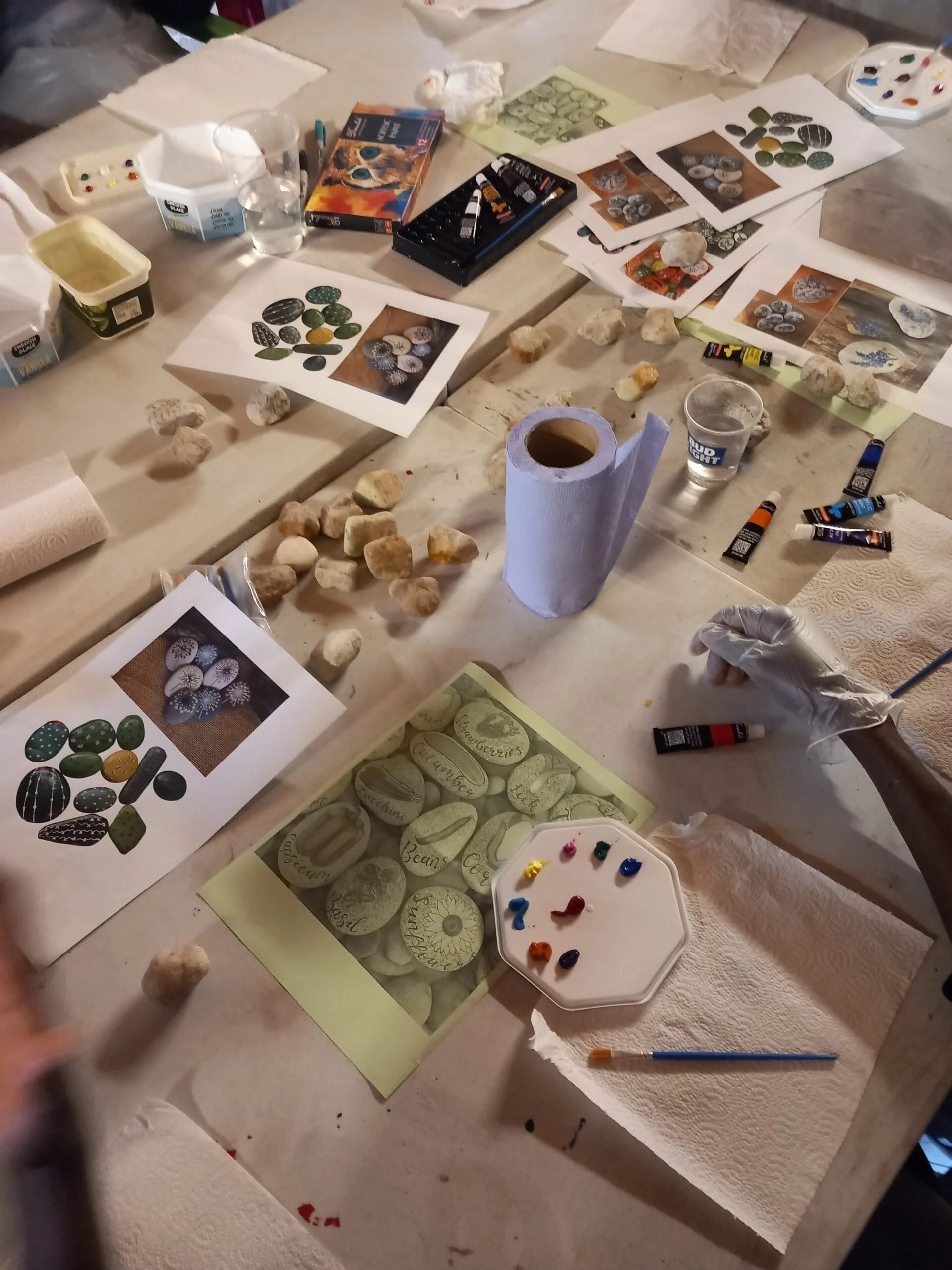 A table covered with rocks, printed images of decorated stones, paint tubes, a roll of paper towels, water glasses, and some painting supplies for rock decoration