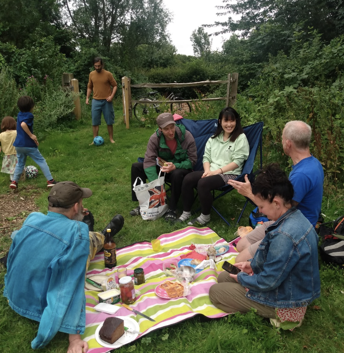 Family enjoying a picnic on a colorful blanket in a lush, green outdoor area with trees and bushes, kids playing with balls in the background, and others sitting and chatting.
