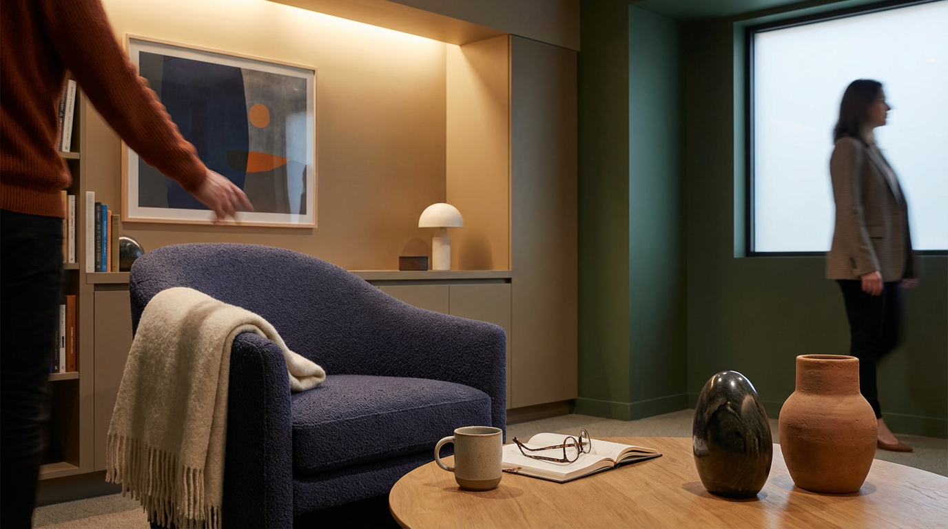Modern living room with a navy blue sofa, a wooden coffee table with a mug, open book, and glasses, a textured vase, and a terracotta vase. A woman in a brown checked blazer stands near a large window, and a person in a brown sweater reaches toward a bookshelf.