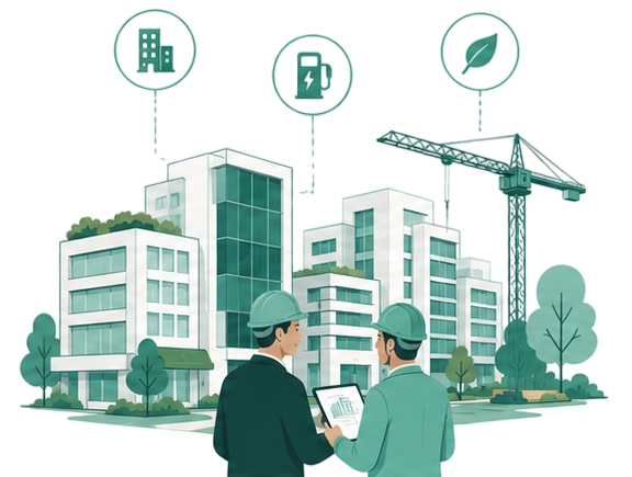 Two construction professionals reviewing plans on a tablet at a construction site with multiple modern buildings, a crane, and environmental icons for buildings, energy, and leaves.