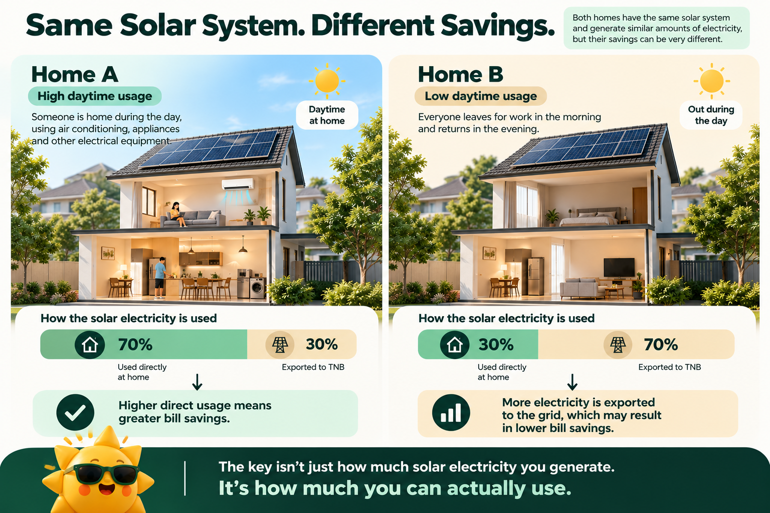 Infographic comparing solar savings for two Malaysian homes with identical solar systems. Home A uses 70% of solar electricity directly, while Home B exports 70% to TNB, illustrating how daytime electricity consumption affects bill savings.