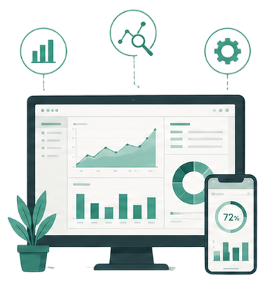 Digital marketing analytics dashboard displayed on a computer monitor and a smartphone, showing graphs and charts related to data analytics, with icons representing data charts and gears above.