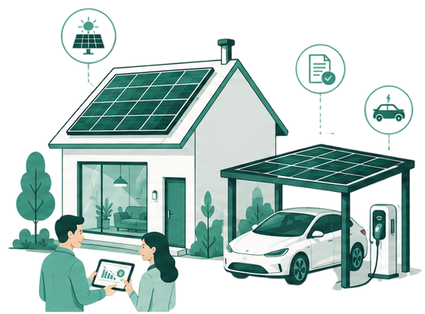 Smart home with solar panels, electric car charging station, and connected smart devices, featuring two people discussing data on a tablet.