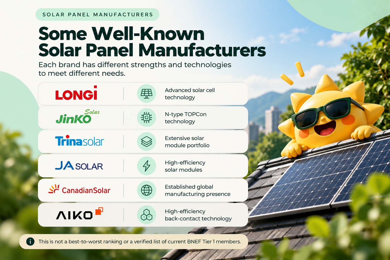 Infographic comparing six solar panel manufacturers in Malaysia: LONGi, JinkoSolar, Trina Solar, JA Solar, Canadian Solar and AIKO, highlighting their solar technologies and strengths.