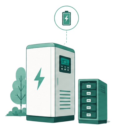 Illustration of a large charging station with a lightning bolt symbol, next to a smaller battery bank, set outdoors with trees and a blue sky.