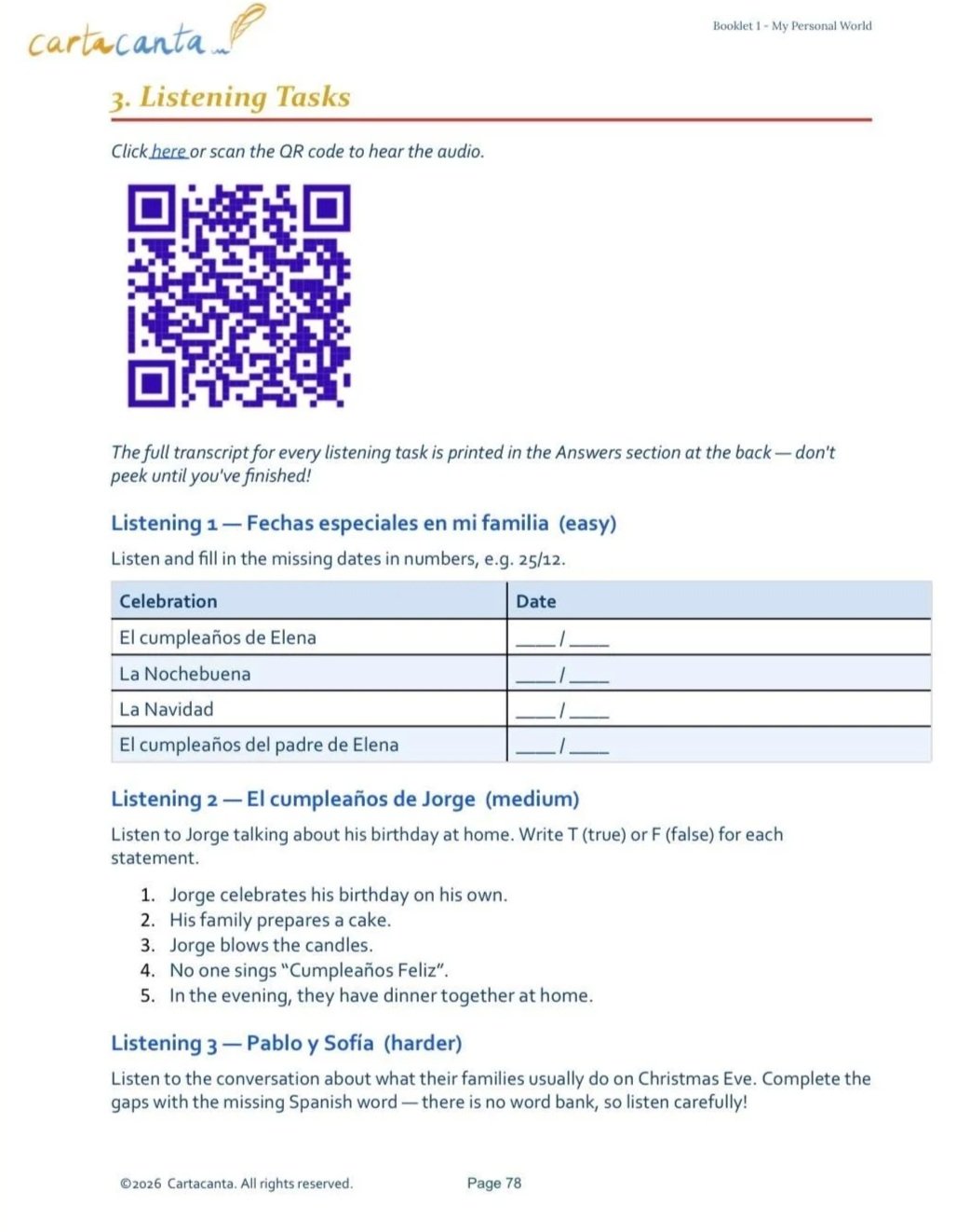 A worksheet titled 'CartaCanta' with listening tasks in Spanish for practicing holiday celebrations, featuring a QR code and sections for filling in dates and answering questions about birthday celebrations.