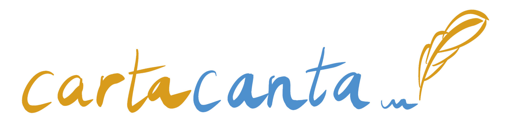 Graphic design with the words 'carta' and 'anta' in different colors, with a quill illustration at the end of the word 'anta'.