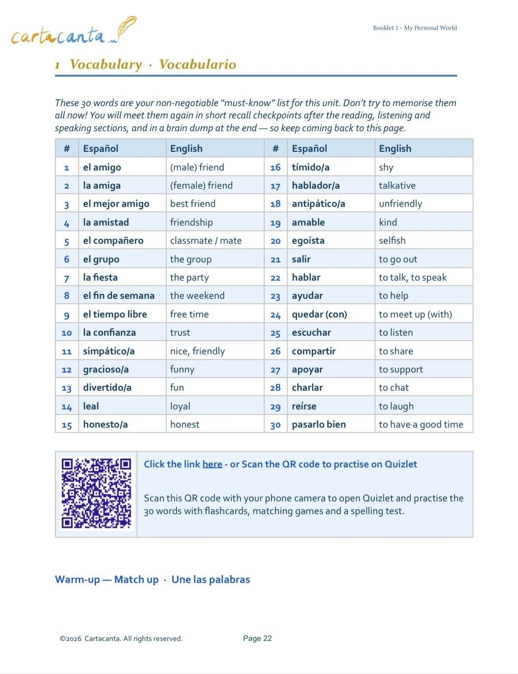 A page from a bilingual Spanish-English vocabulary list, listing 30 common words with their translations and definitions, including words like friend, best friend, friendship, classmate, group, party, weekend, trust, funny, fun, loyal, honest, shy, talkative, unfriendly, kind, selfish, to go out, to talk, to help, to meet up, to listen, to share, to support, to chat, to laugh, to have a good time.