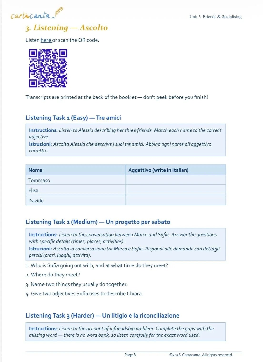 A page from a language learning booklet titled 'carta canta' with listening exercises in Italian, including instructions, tables, and QR codes for audio.