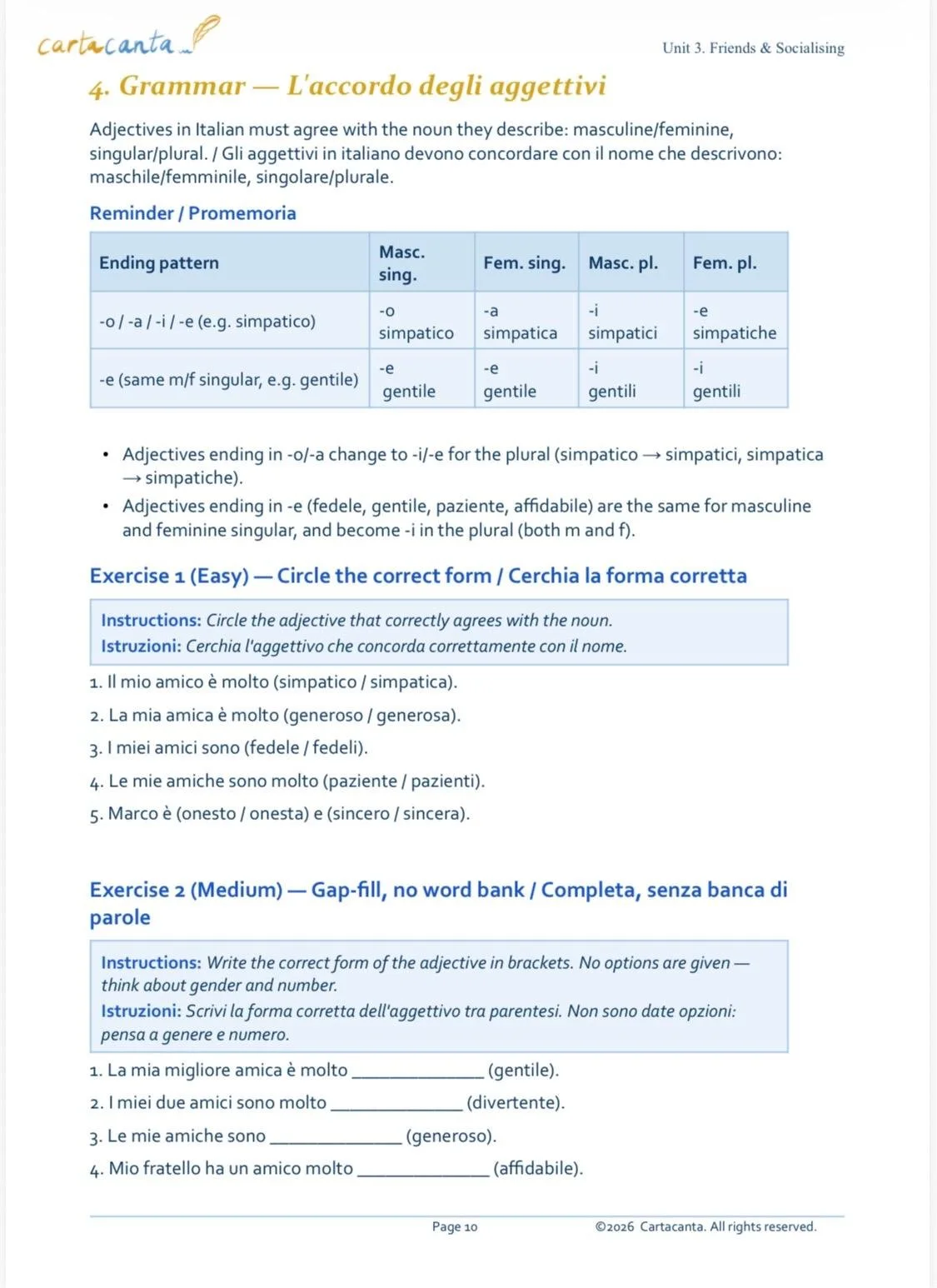 Educational Italian language worksheet on adjectives agreement, including grammar rules, exercises, and instruction sections.