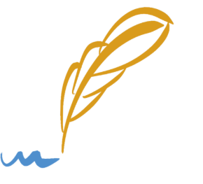 A stylized illustration of a feather quill writing on blue waves.