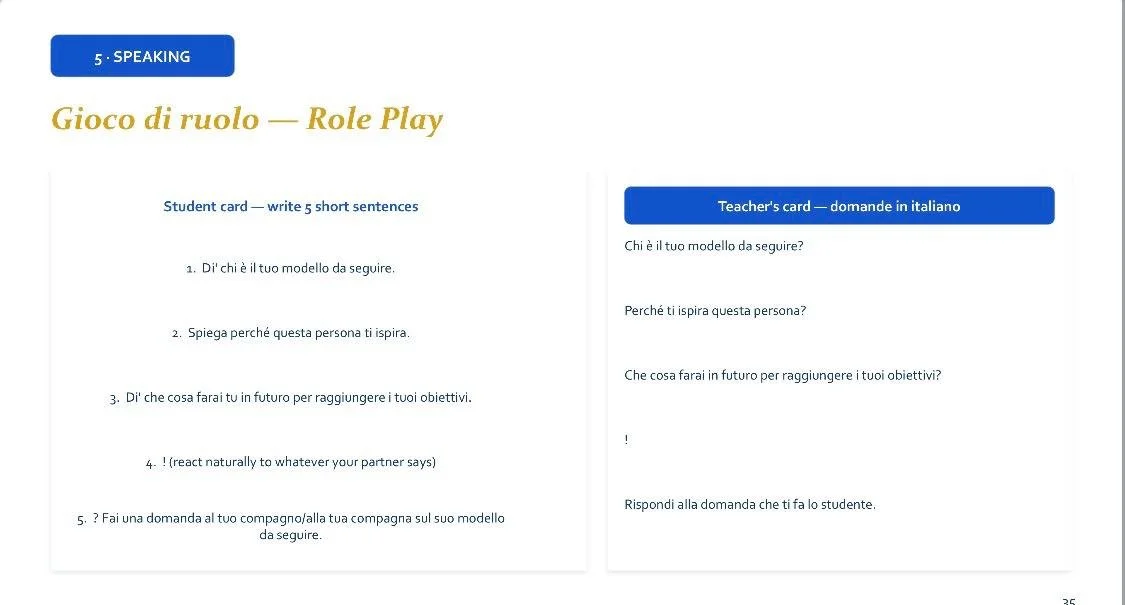 Page from an educational booklet with a section titled 'Role Play' in Italian, featuring instructions for student and teacher cards with questions in Italian and English for practicing speaking skills.