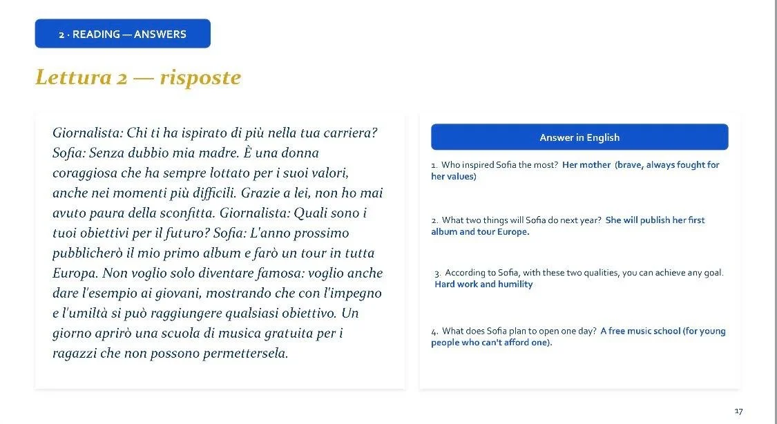 Page from a language learning book showing Italian dialogue and English questions and answers about a girl named Sofia and her future plans.