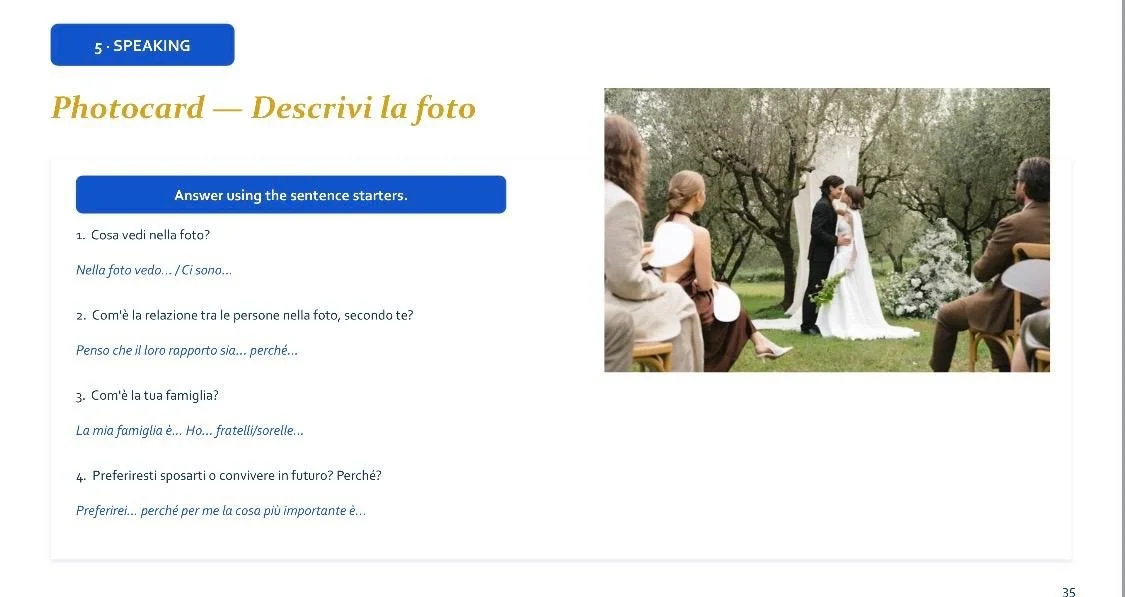 An outdoor wedding ceremony with a bride and groom standing and exchanging vows, surrounded by trees and seated guests watching.