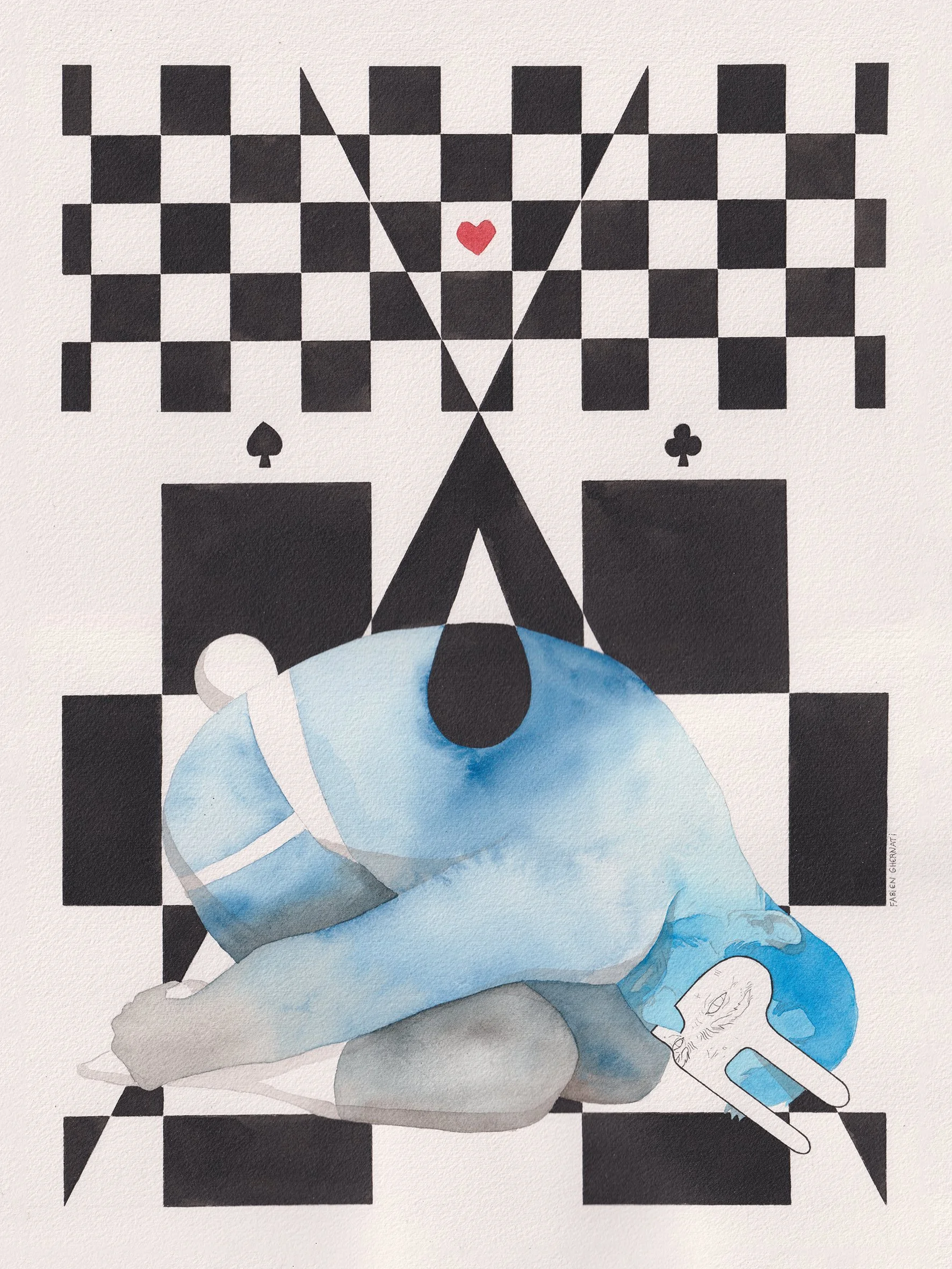 Une illustration artistique représentant une personne en position de relaxation, agenouillée sur le sol,  de style aquarelle dans des tons de bleu et gris, sur un fond de motif noir et blanc.
