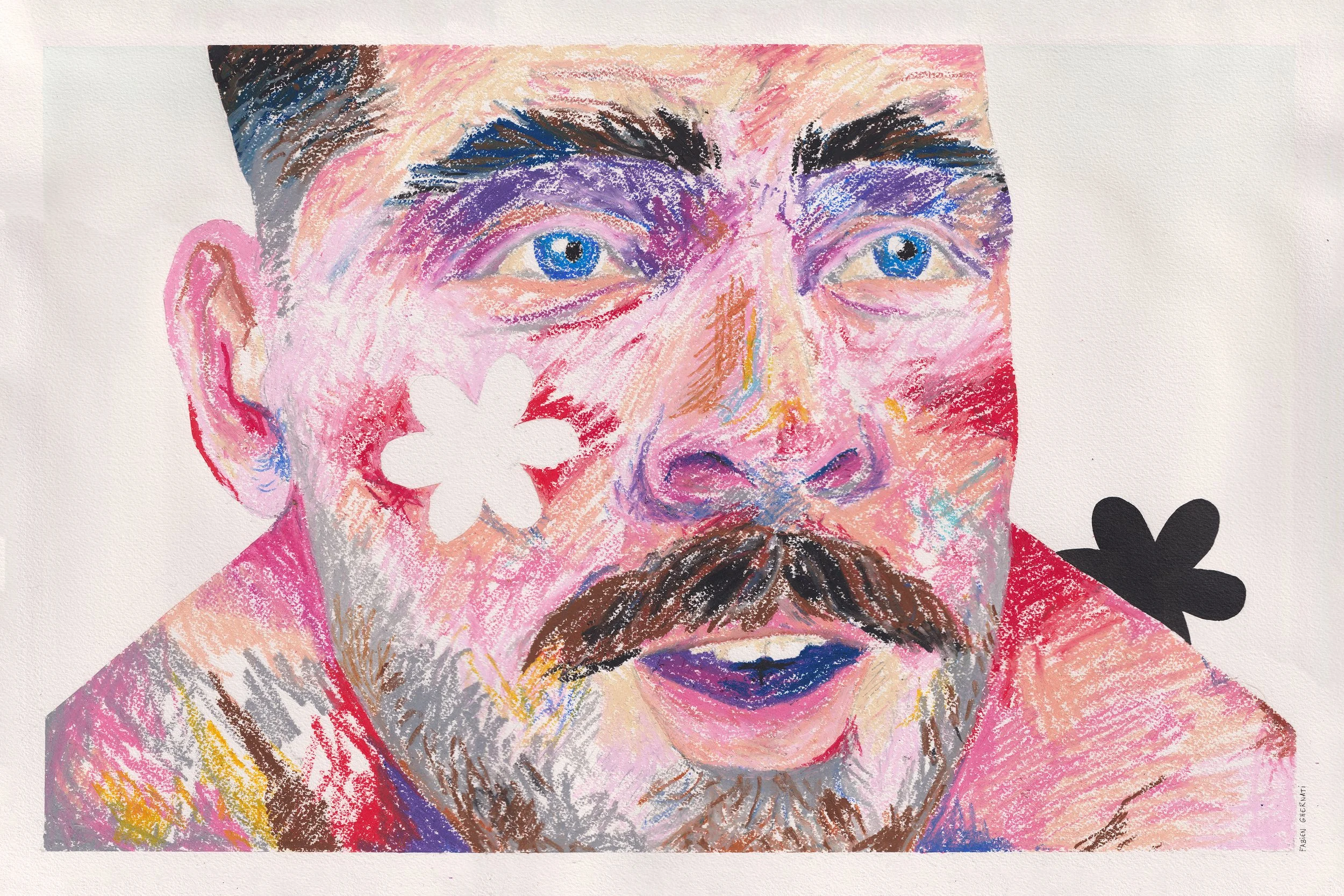 Portrait coloré d'un homme avec une barbe, yeux bleus, avec une fleur blanche sur la joue gauche.
