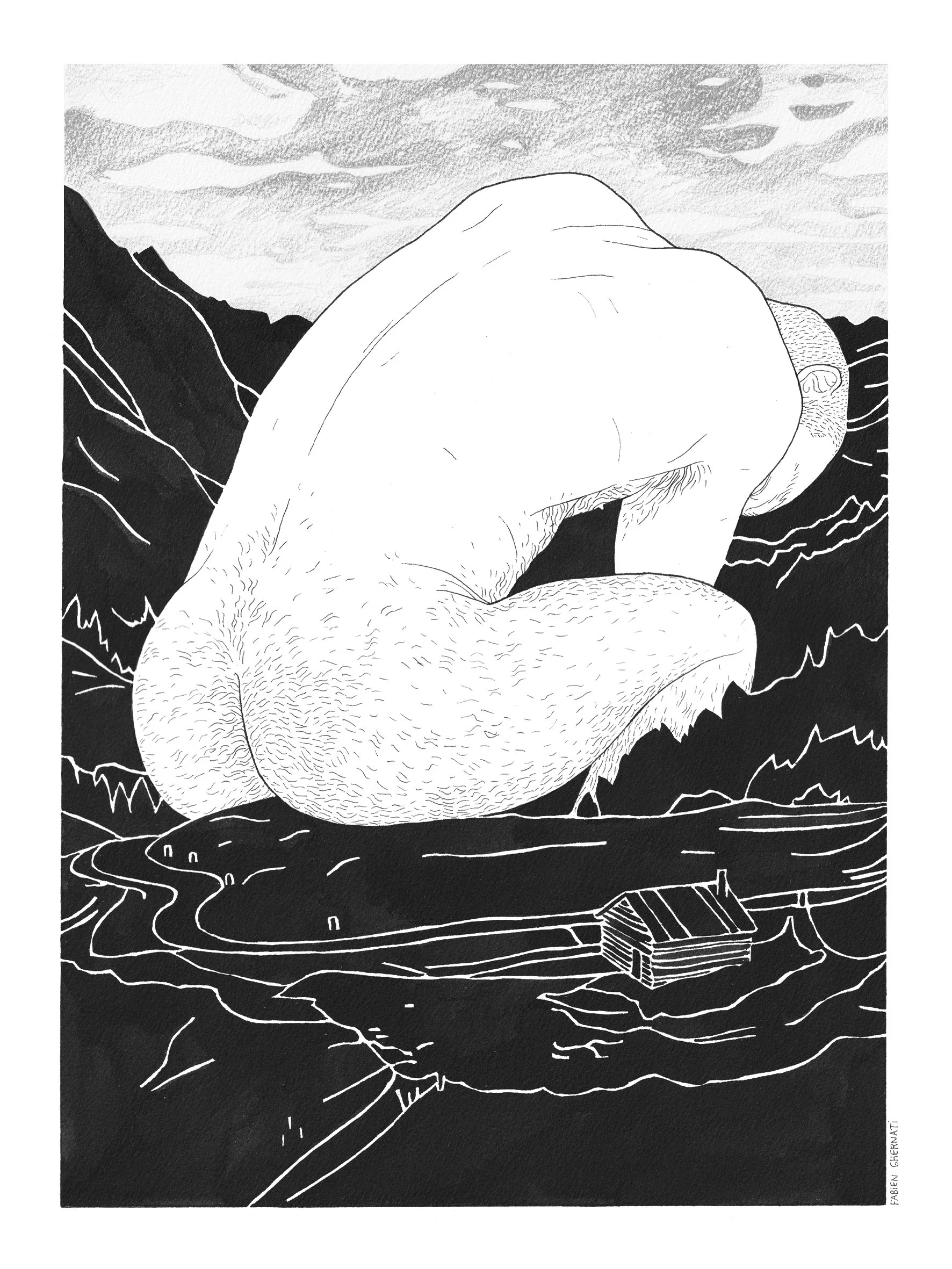 Un dessin noir et blanc représentant une personne de dos, assise face à un paysage de montagnes, avec un bâtiment en bois au premier plan.