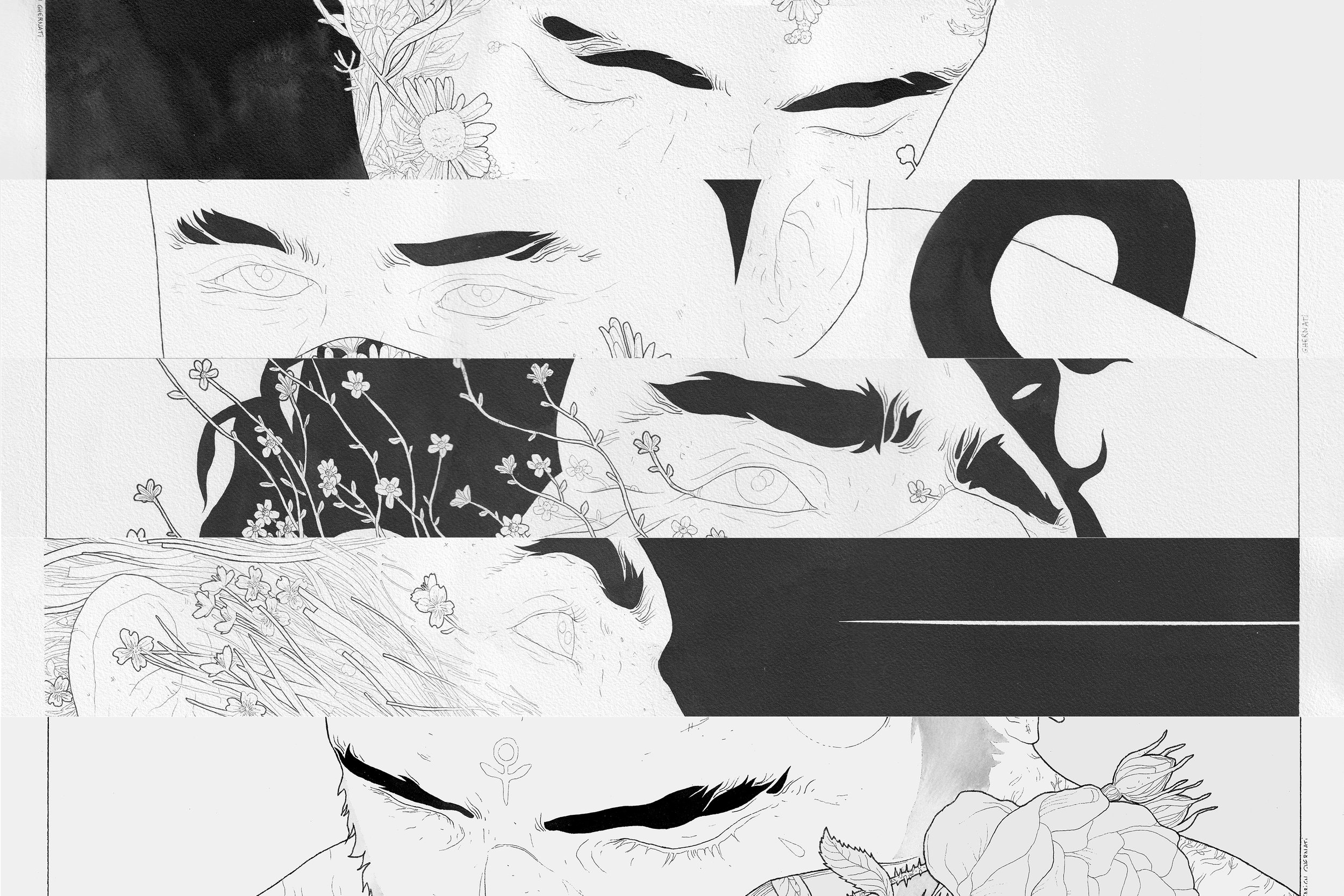 Illustration en noir et blanc de visages avec des détails floraux et des éléments naturels.