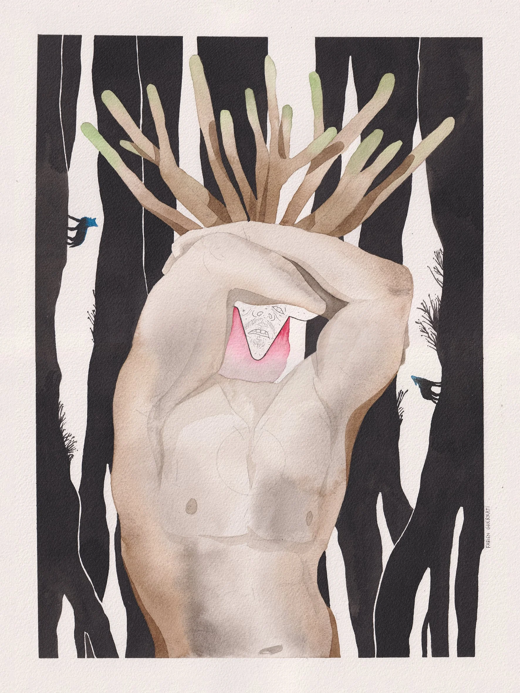 Une illustration abstraite représentant un homme portant un masque et des cornes, il est le torse nu et les bras levés. La composition mélange des éléments figuratifs et abstraits avec des couleurs douces et des traits fluides.