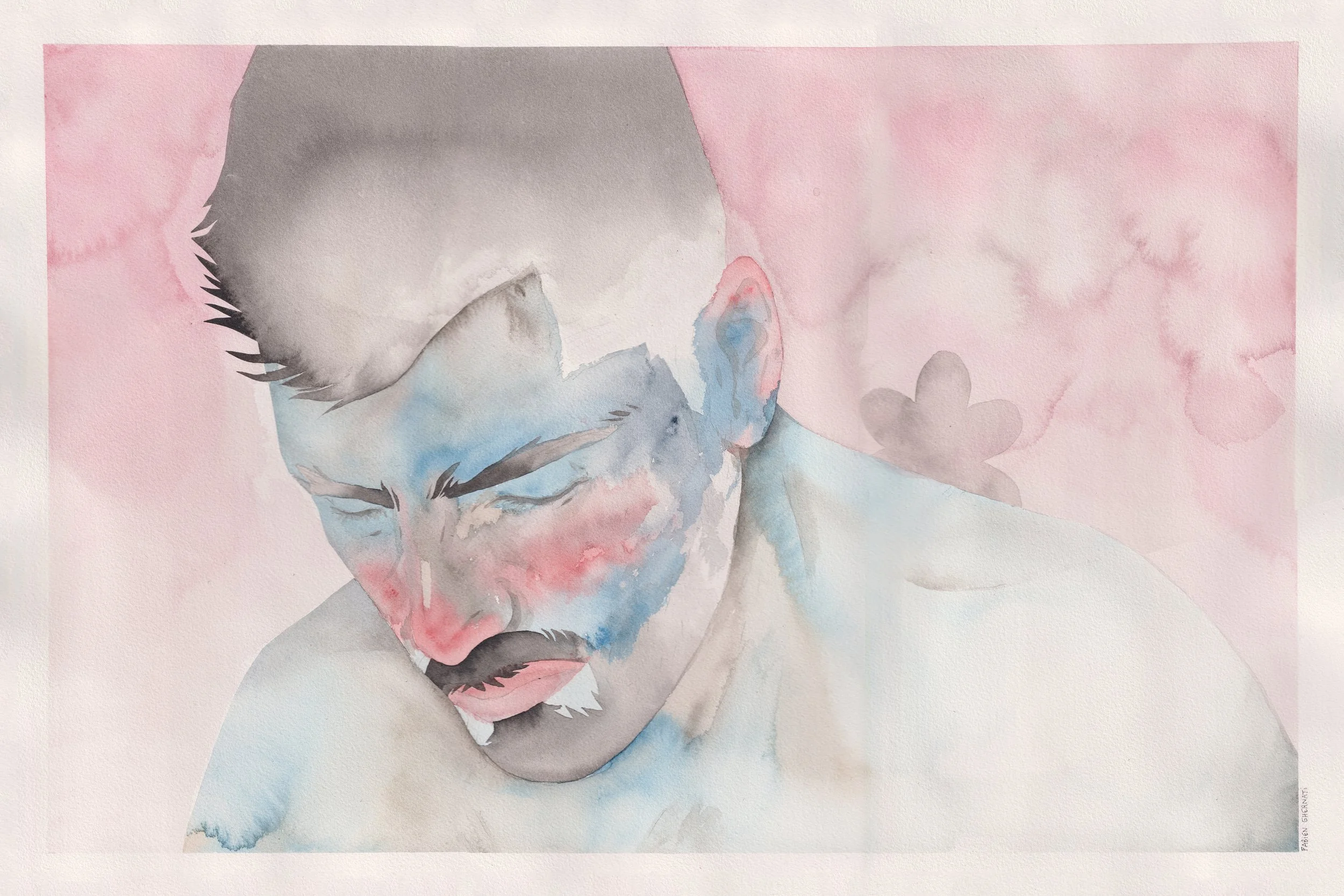 Peinture à l'aquarelle d'un homme avec les yeux fermés, la tête inclinée vers le bas, sur un fond rose et blanc.