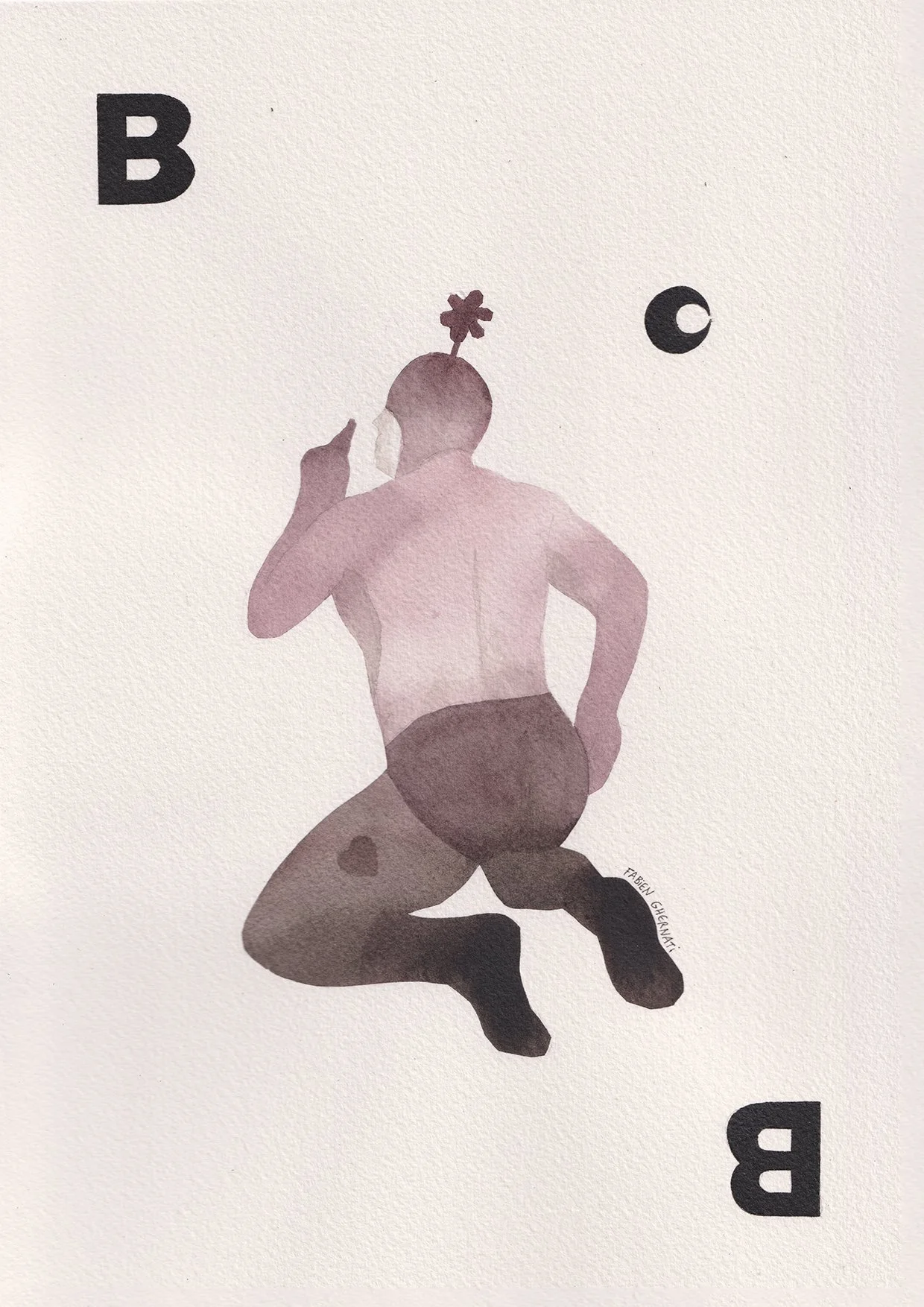 Illustration d'un homme nu, en position de prière ou de méditation, avec un arbre ou une plante sur la tête. Des lettres B, C, et B apparaissent dans l'image.