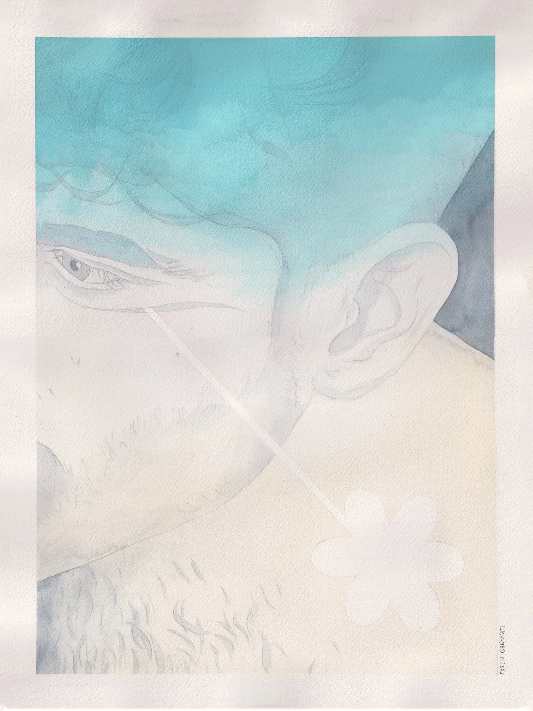 Une aquarelle représentant un visage avec des yeux bleus, un sourcil froncé, des cheveux bouclés et une barbe.
