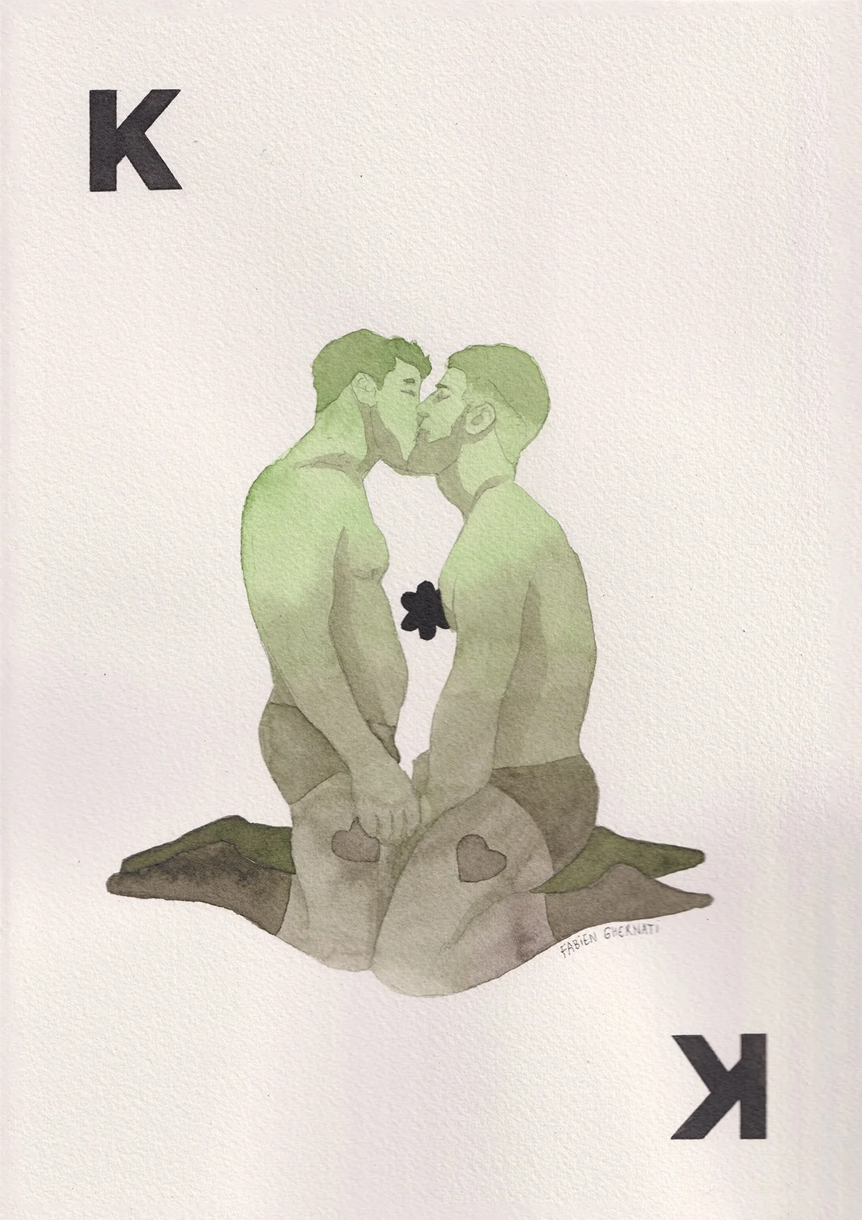 Une illustration artistique représentant deux hommes en sous vetements, assis face à face, se touchant la tête et semblant partager un moment intime. Le symbole 'K' apparaît en haut à gauche et en bas à droite.
