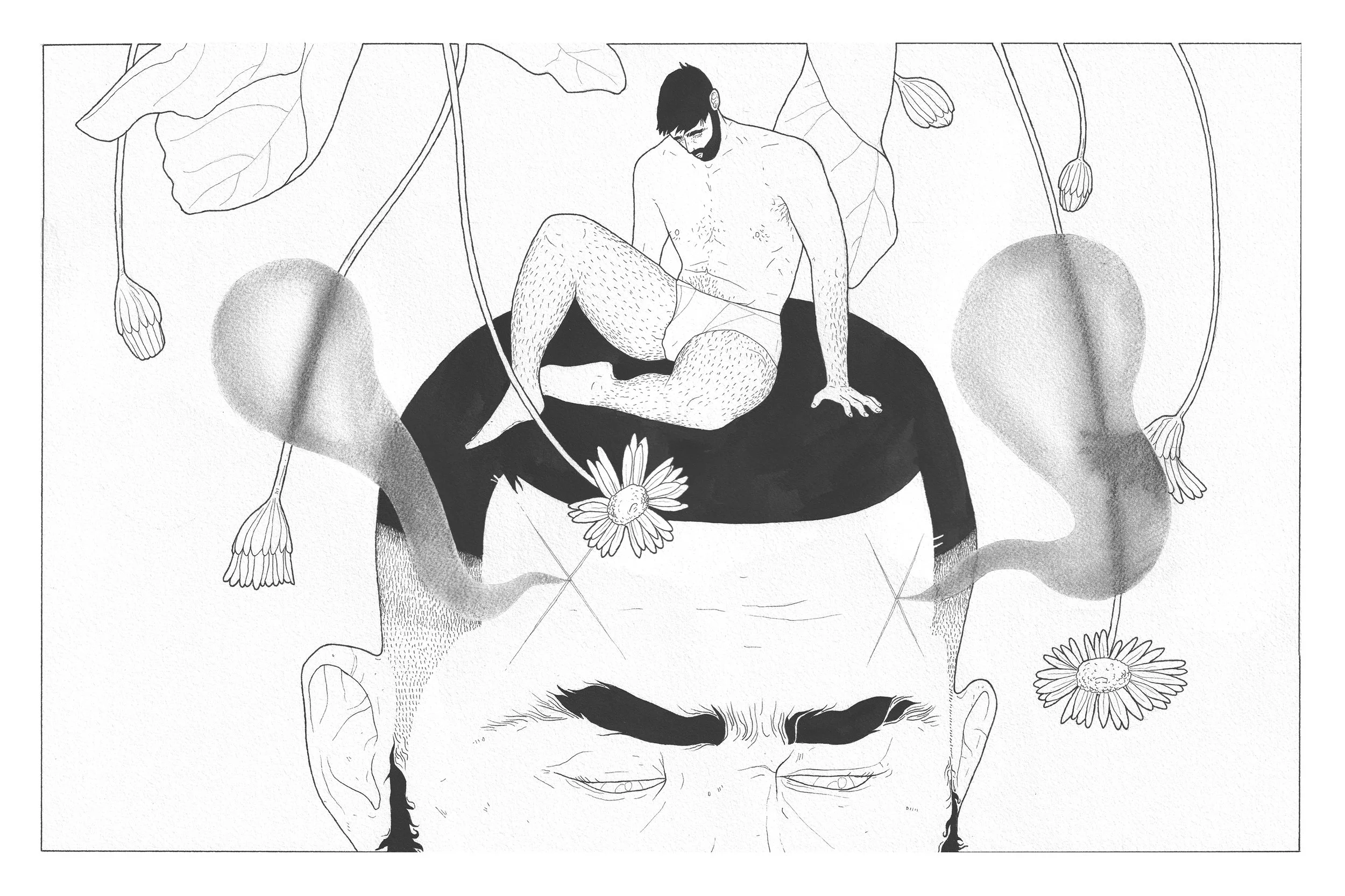 Illustration en noir et blanc représentant un homme assis sur la tête d'un autre homme, entouré de fleurs, de feuilles et de motifs stylisés.