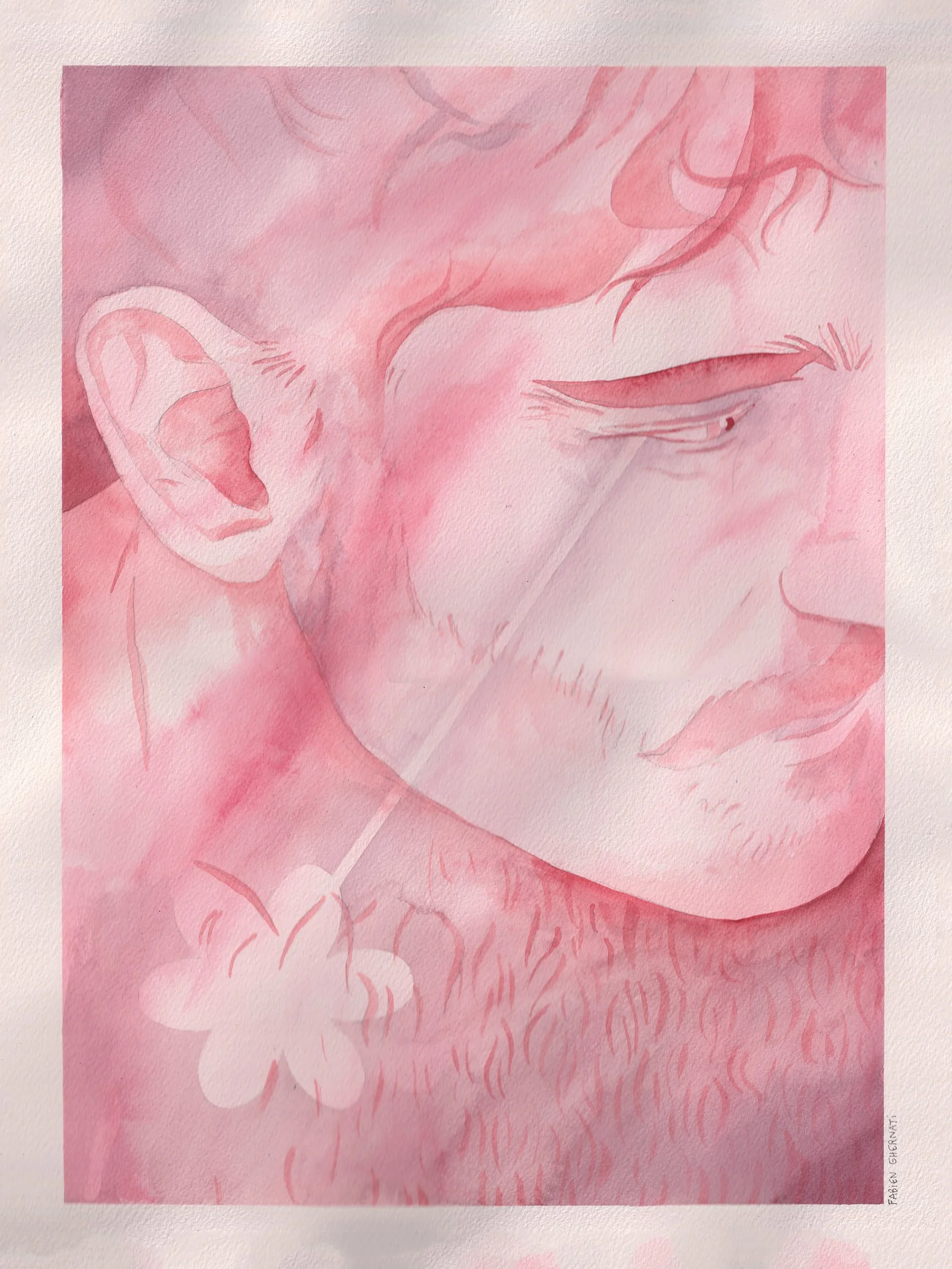 Portrait d'une homme en profil peint à l'aquarelle, avec des traits fins et un fond rose