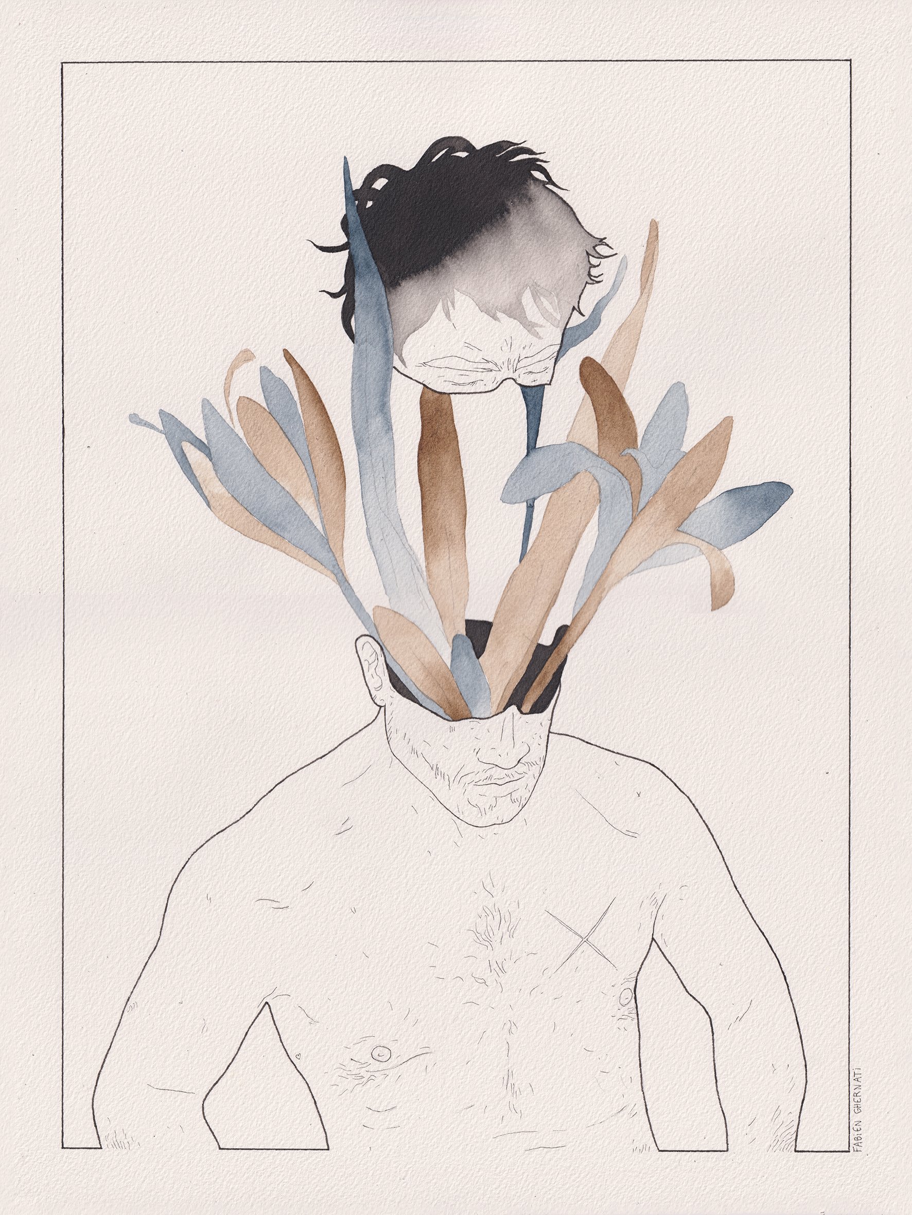 Un dessin d'un homme nu avec un bouquet de feuilles et de fleurs au lieu de la tête.