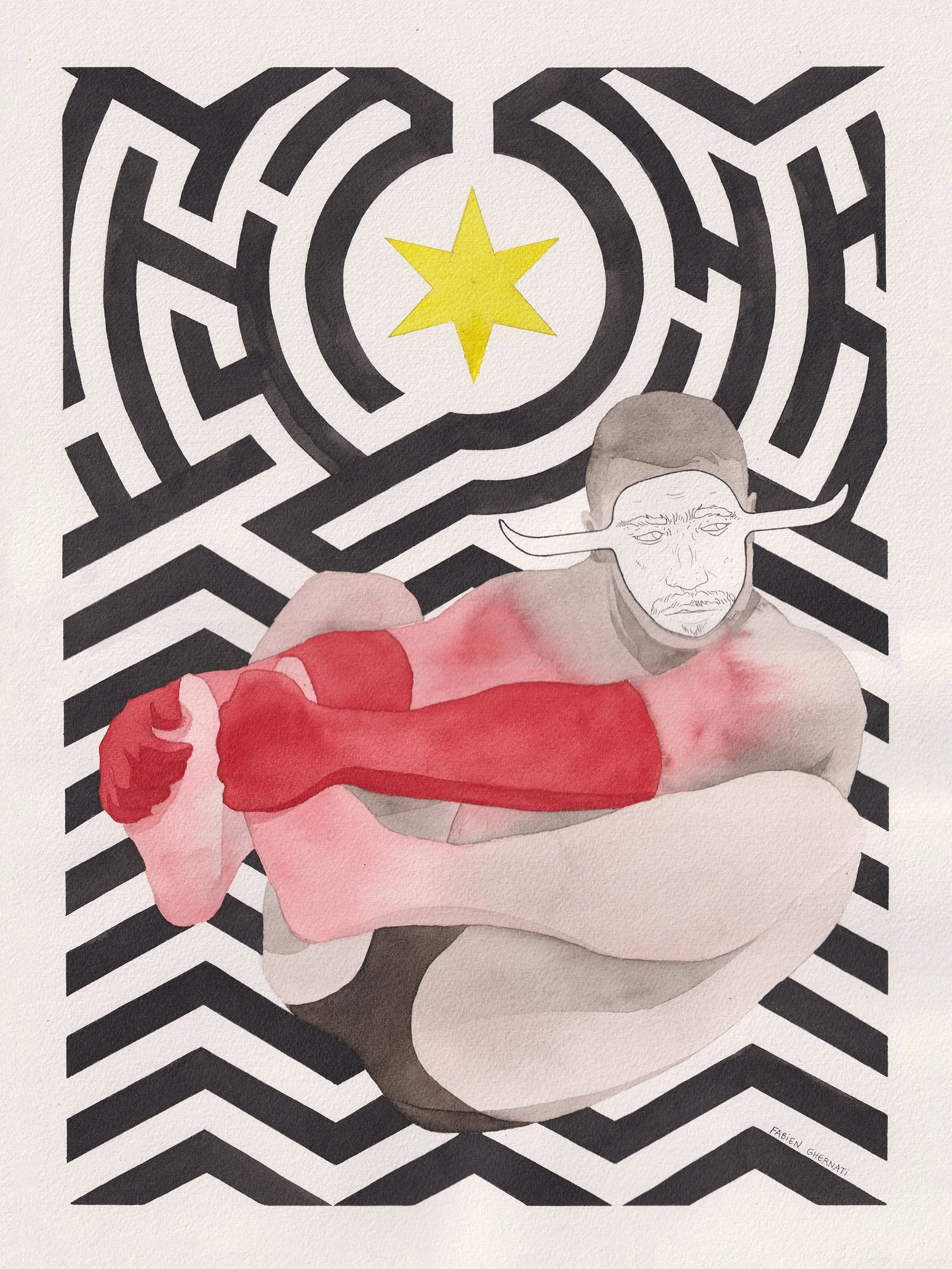 Un homme portant un masque, assis les pieds entre les mains, avec un fond de labyrinthe noir et blanc et une étoile jaune au centre.