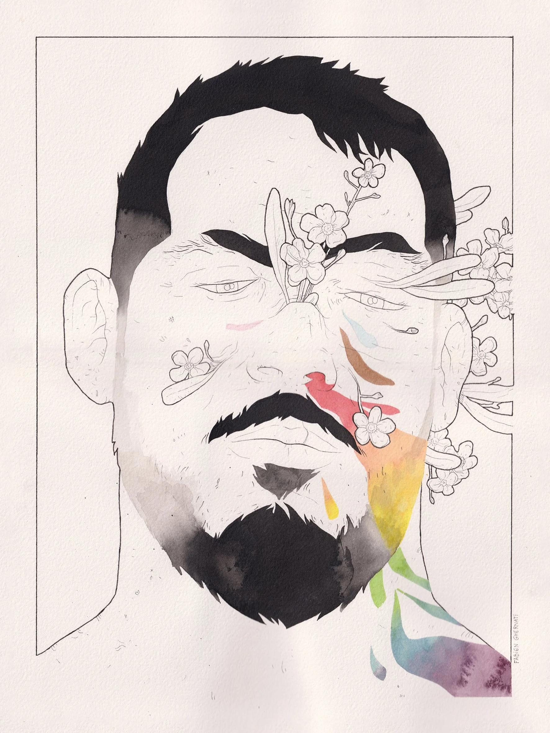 Portrait en noir et blanc d'une personne avec des fleurs et des touches de couleur pastel dans l'illustration.