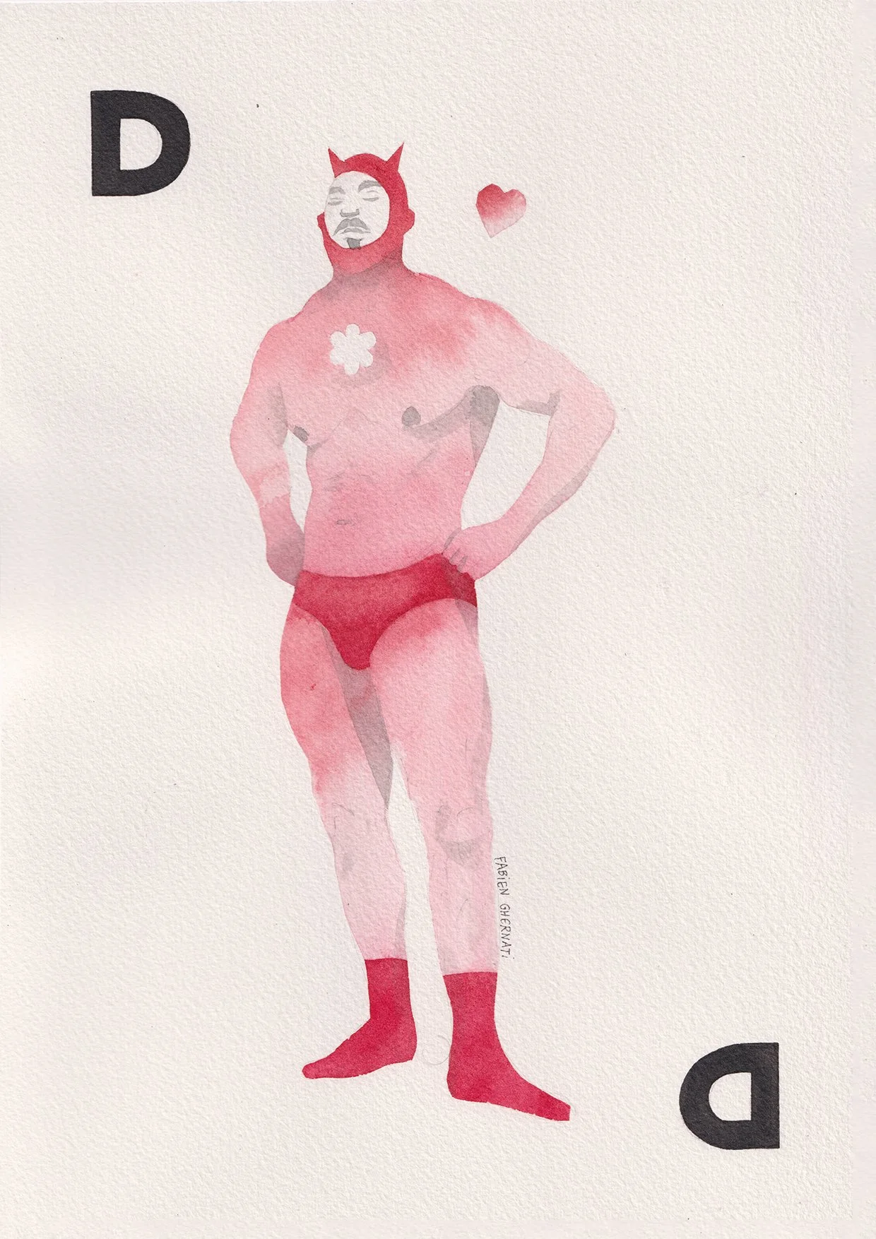 Une illustration d'un homme en sous-vêtements rouges avec un costume de démon, un cœur et une fleur blanche sur la poitrine, portant un masque de visage humain, debout avec les mains sur les hanches, fond blanc.