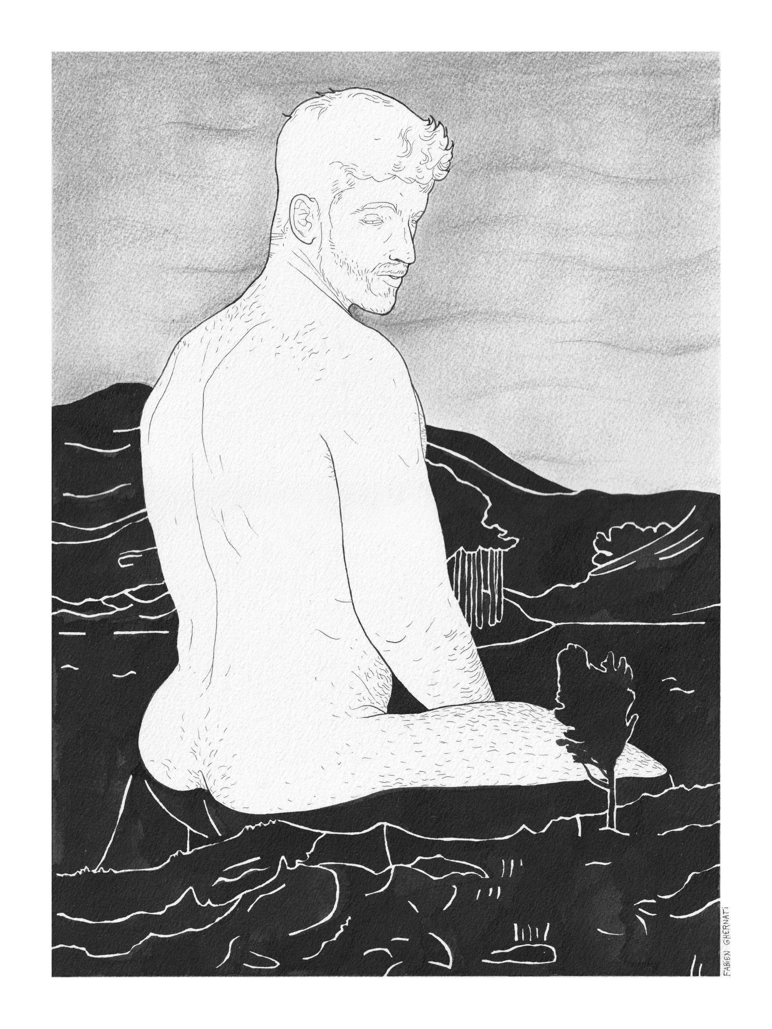 Un dessin noir et blanc d'un homme nu assis parmi un paysage montagneux avec un lac et un arbre. L'homme regarde vers la droite.