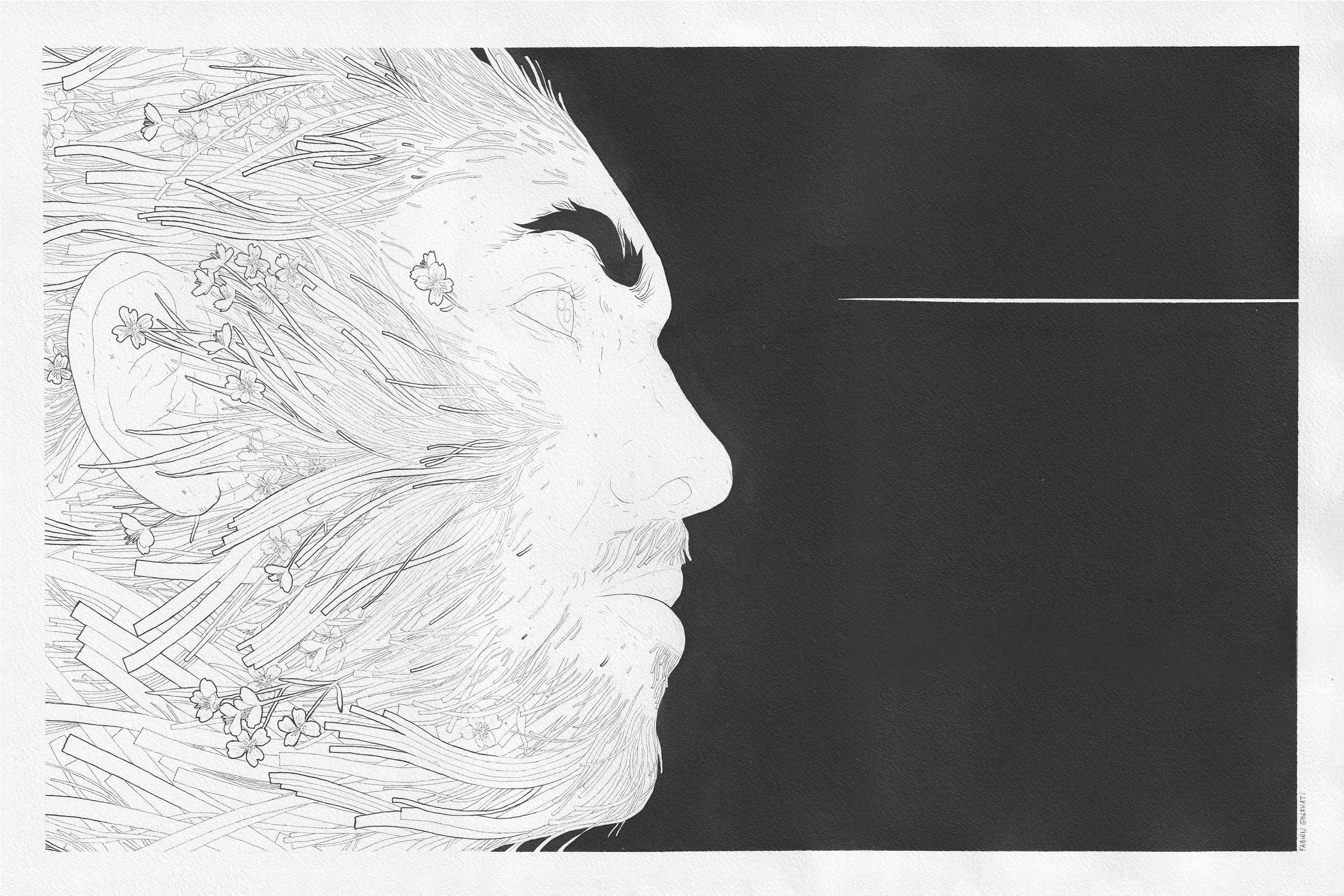 Un dessin en noir et blanc montrant le profil d'un homme avec une barbe, dont la tête est ornée de fleurs et de branches, face à un fond noir avec une ligne fine