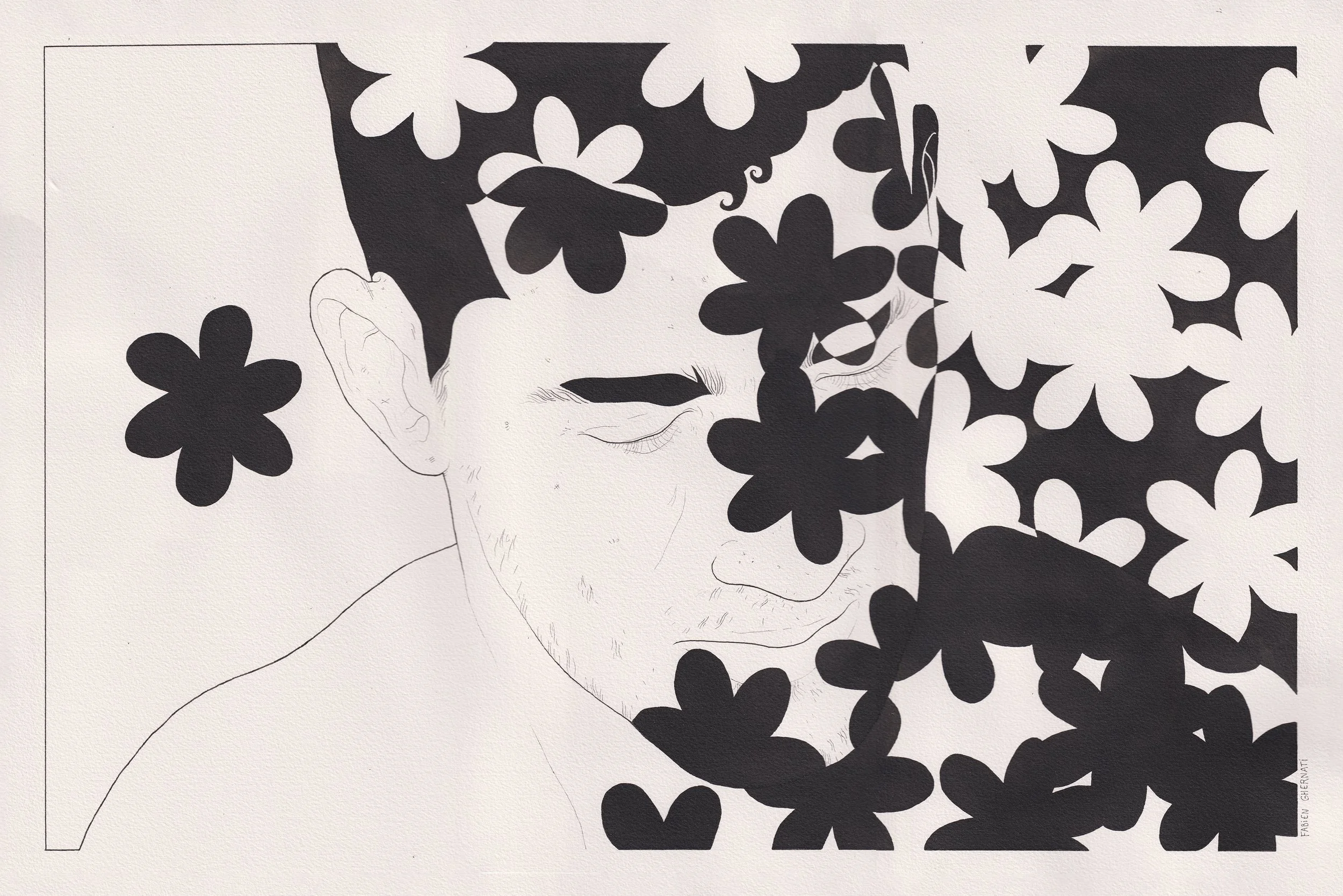Dessin en noir et blanc d'un homme avec des fleurs noires autour de la tête, visage partiellement visible, expression calme.