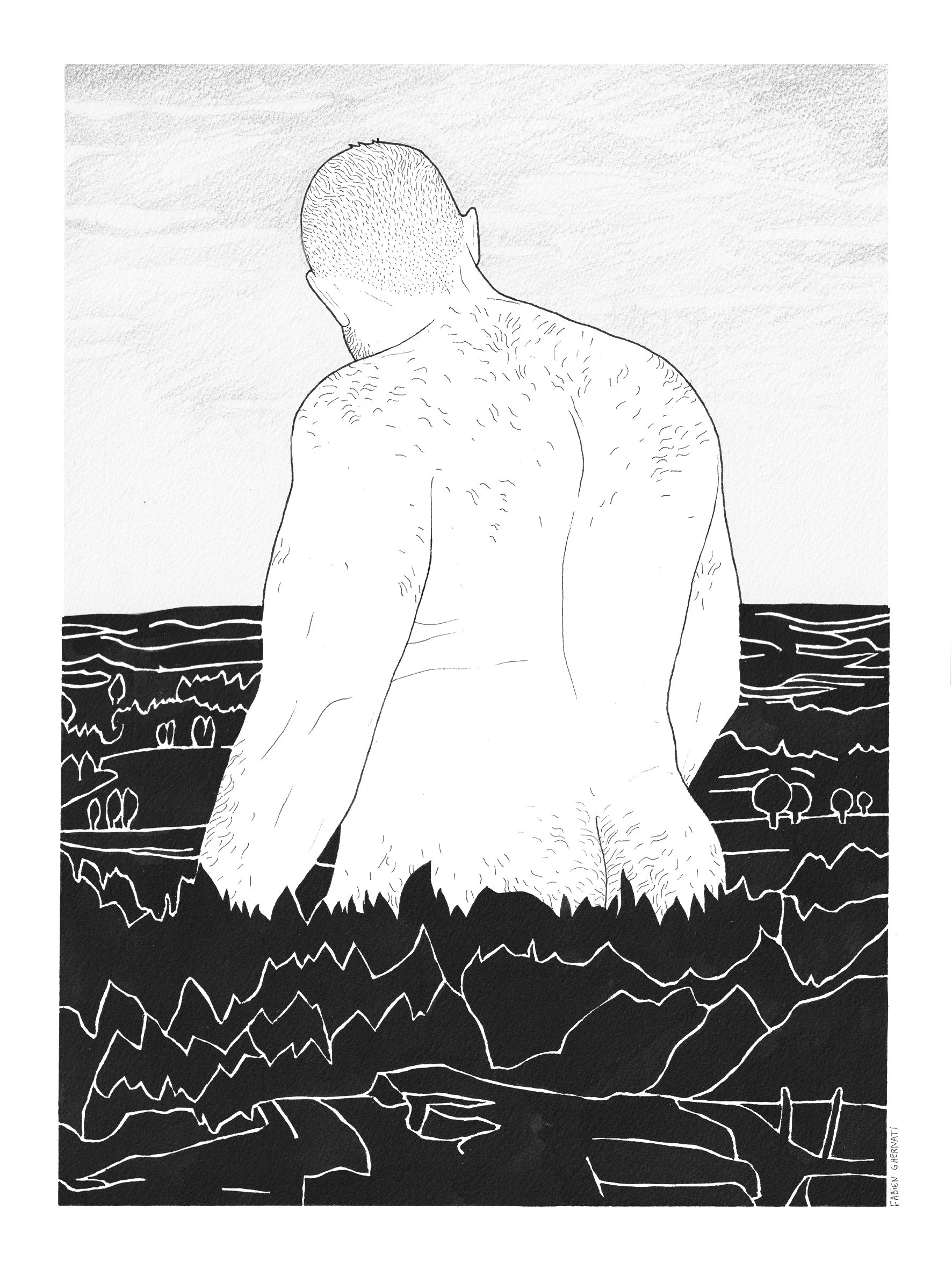 Un homme nu vu de dos, le corps parmi les arbres, regardant vers le fond, illustration en noir et blanc, style dessin line art.