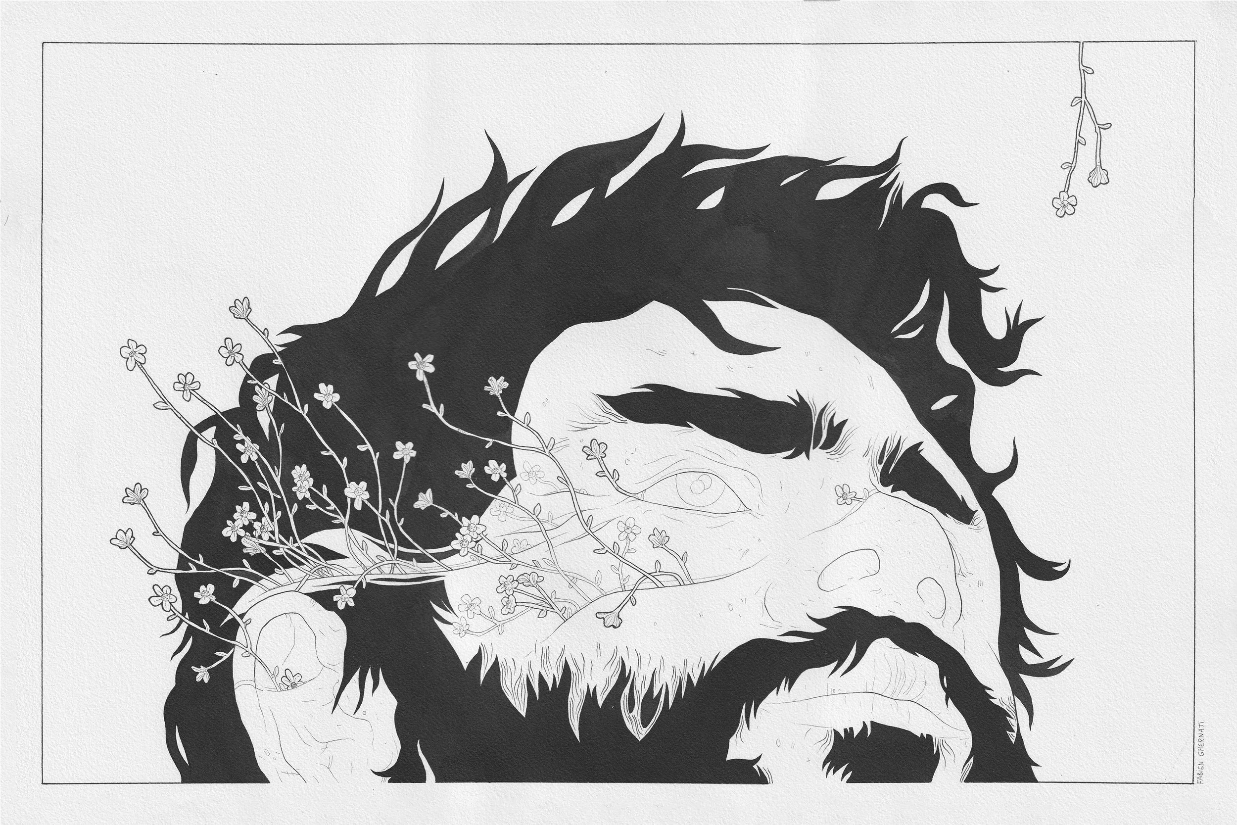 Un dessin noir et blanc d'un homme avec des fleurs et des plantes sortant de son visage.