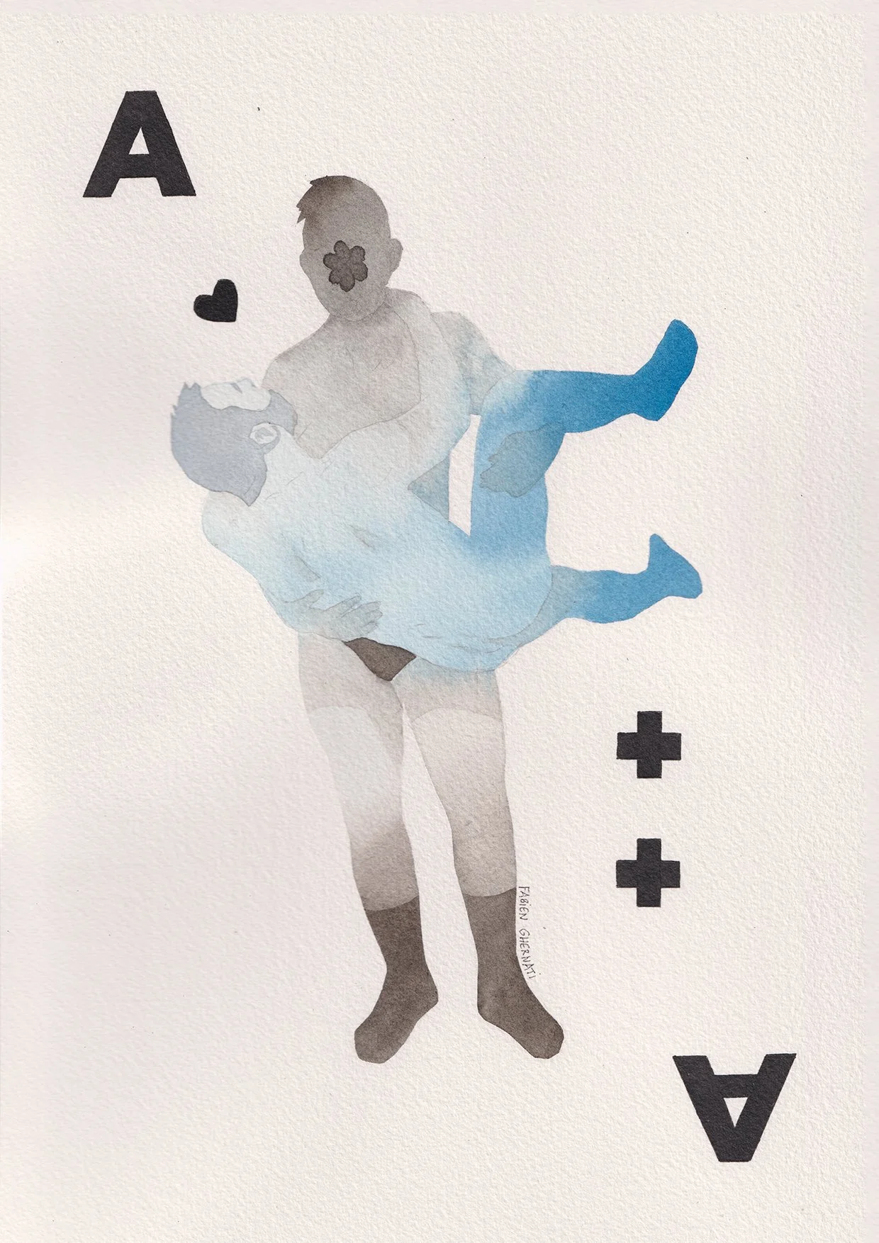 Une illustration d'un homme en sous-vêtements portant un autre homme dans ses bras, avec des symboles de cœur, d'étoile à face fleurie.