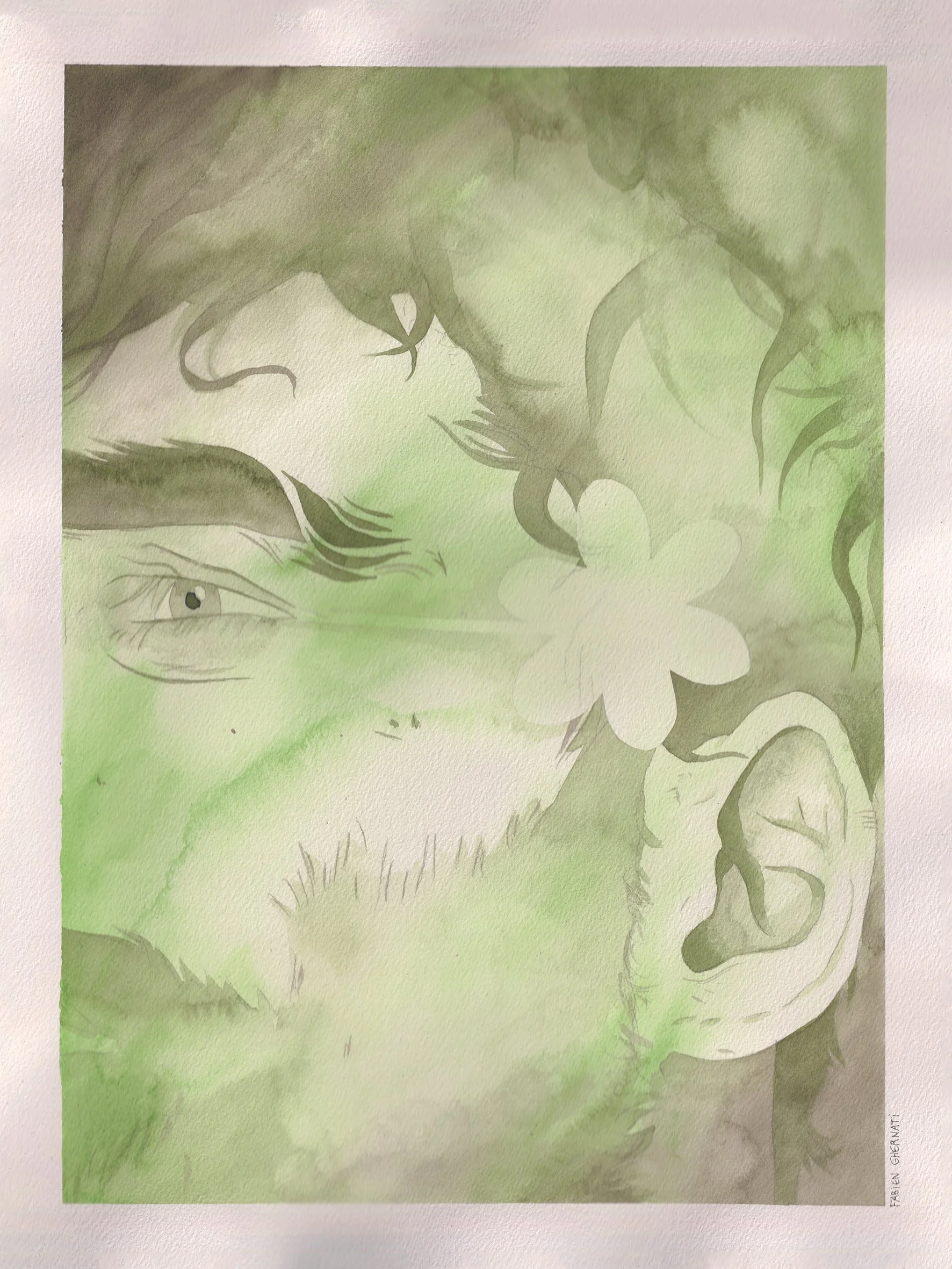 Un portrait artistique d'une personne avec un regard sérieux, entourée de motifs de feuillages et de fleurs en style aquarelle en tons verts et gris.