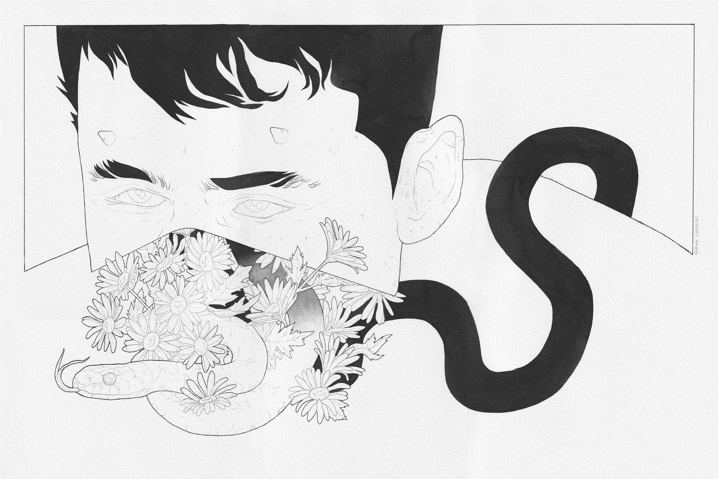 Un dessin artistique représentant une tête d'homme avec des cheveux sombres, partiellement cachée derrière un bouquet de fleurs, avec un serpent enroulé autour de son cou.